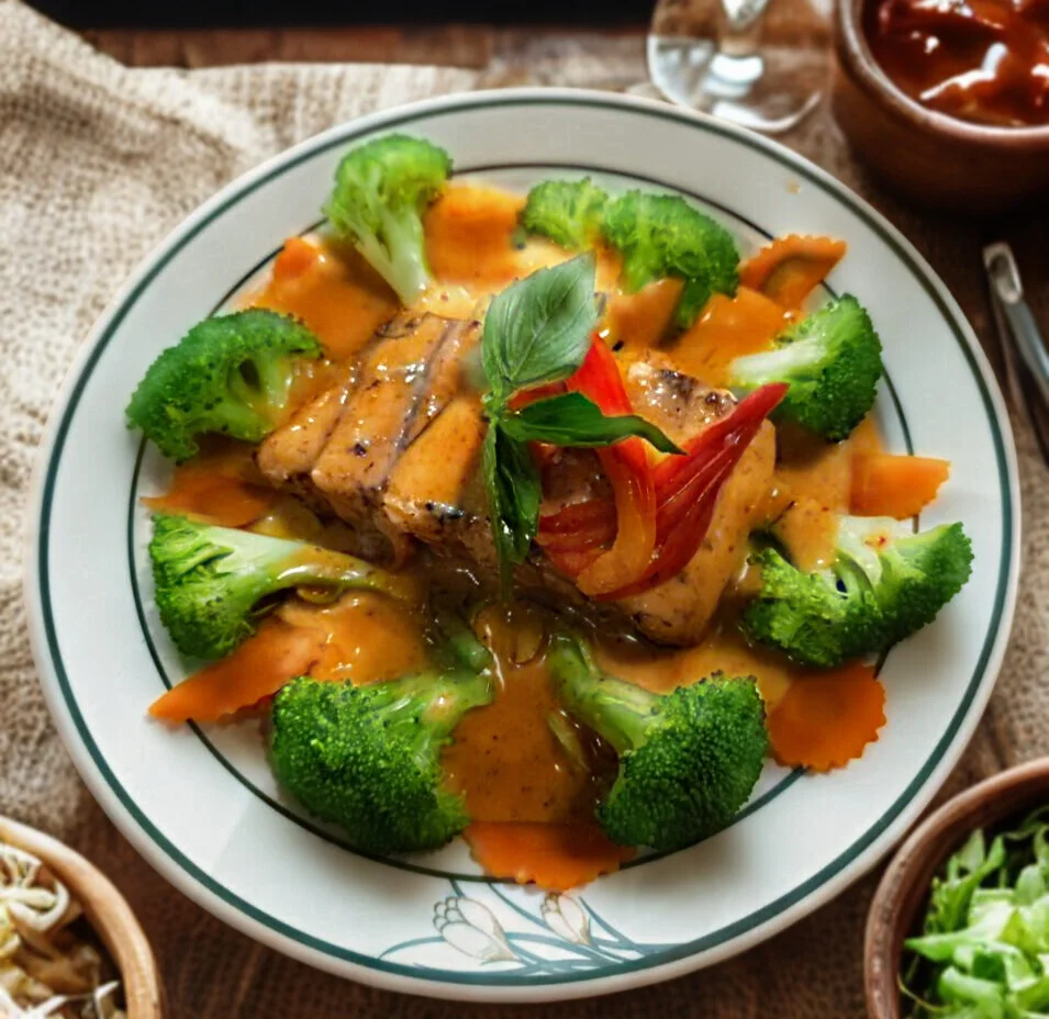 Grilled salmon with broccoli in Thai curry sauce