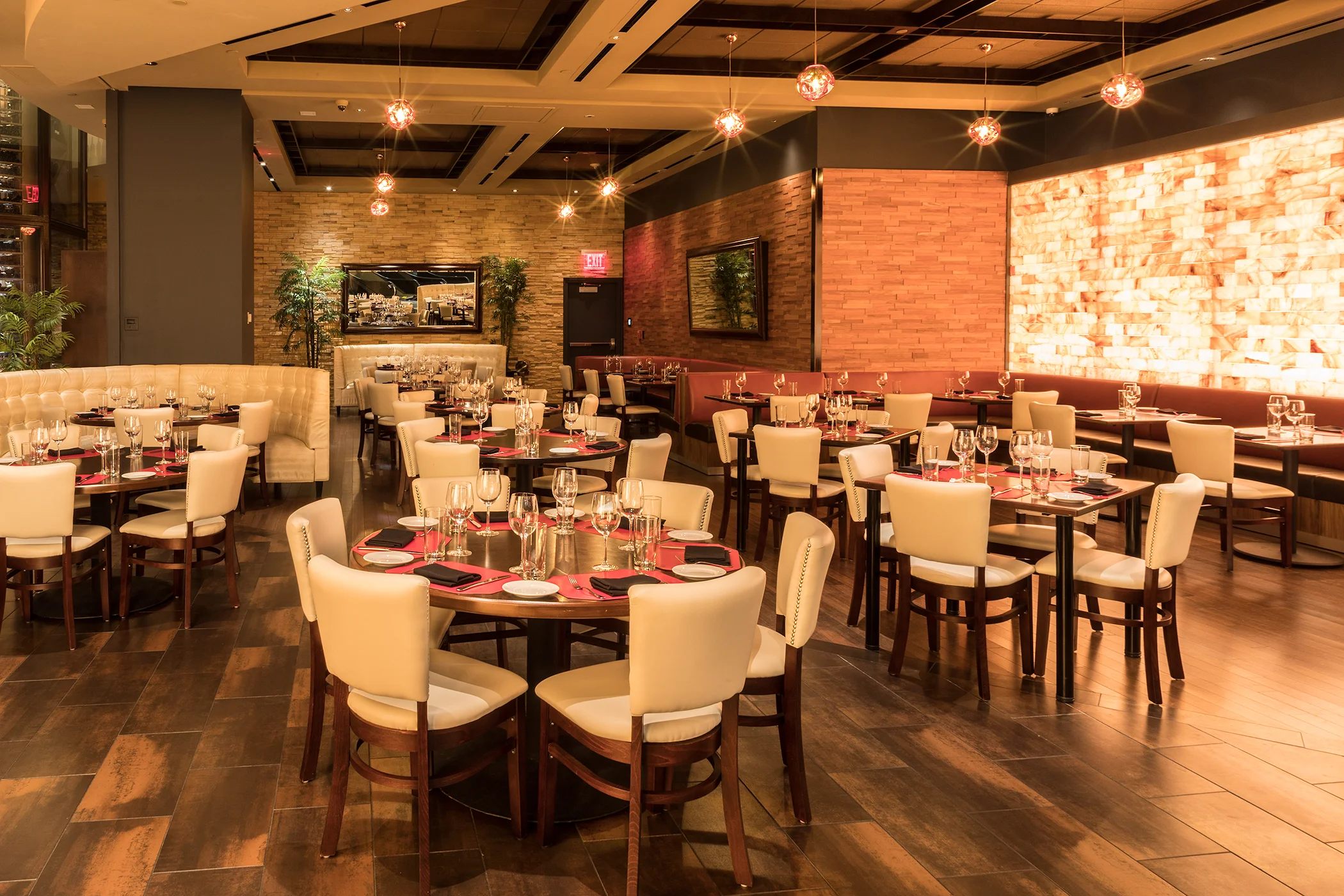 Elegant restaurant interior with round tables and stylish decor