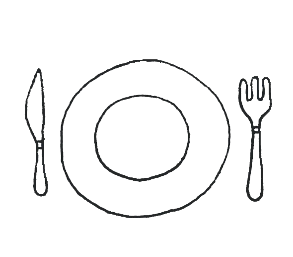 Minimalist illustration of a plate, knife, and fork