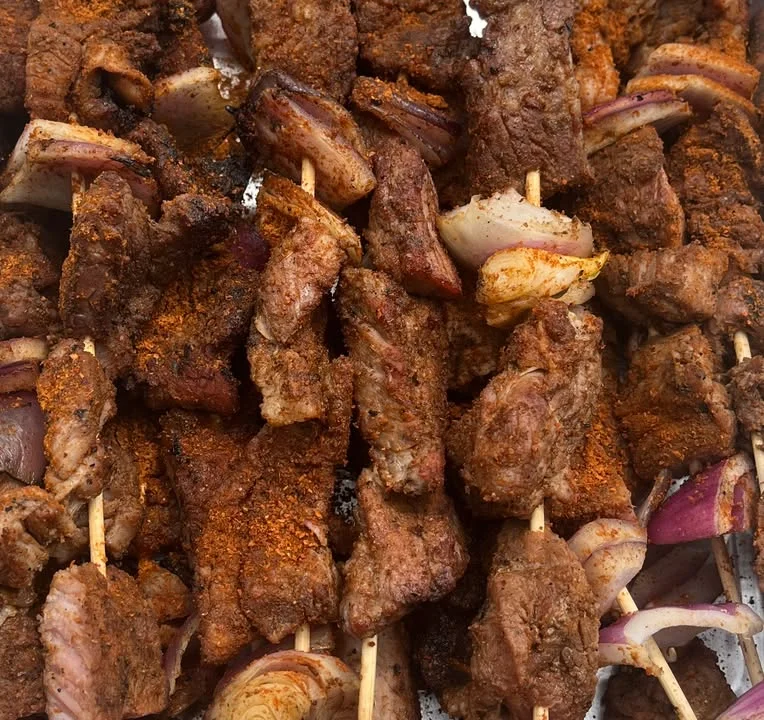 Spicy Nigerian suya skewers with beef and onions