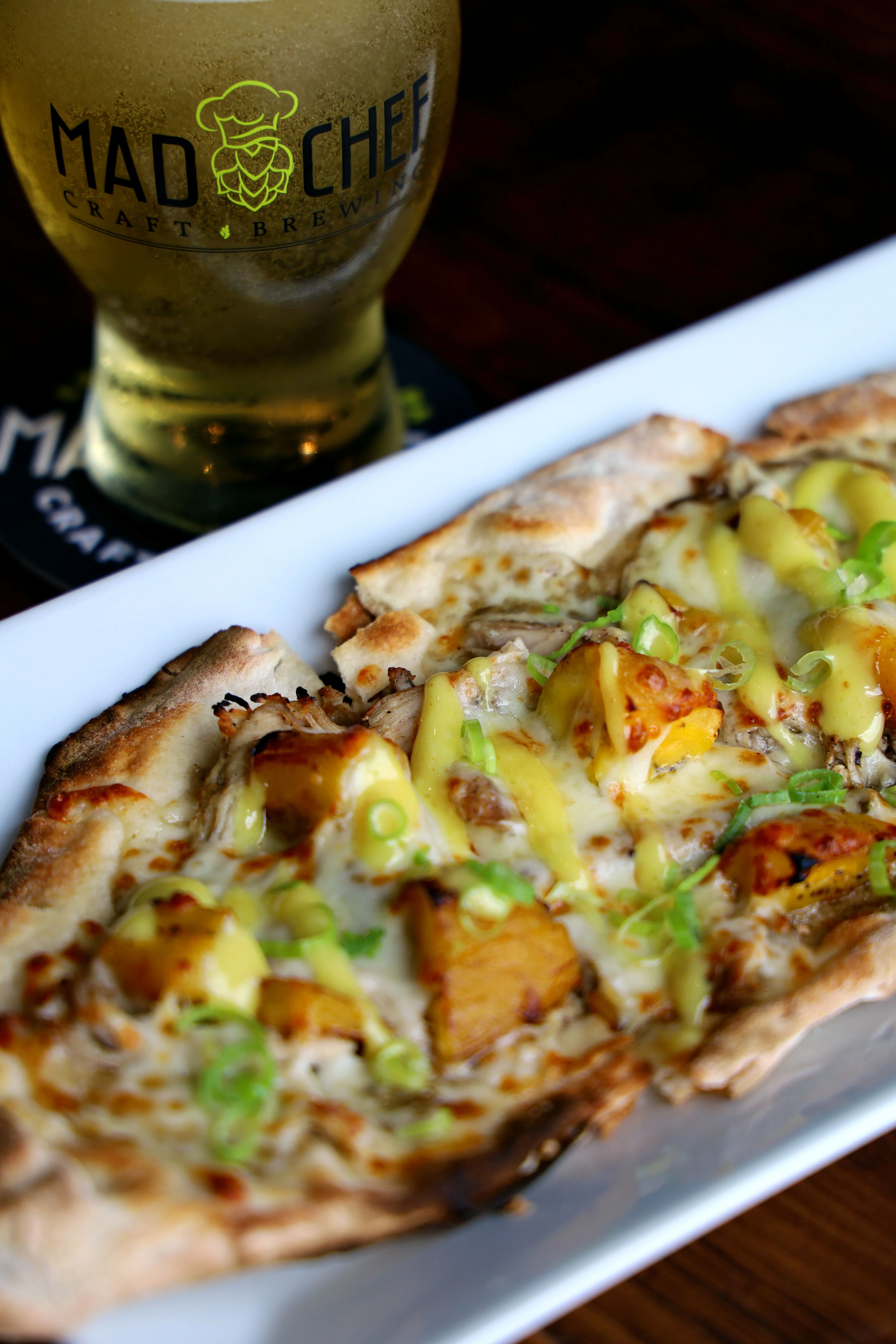 Hawaiian flatbread pizza with pulled pork and cheese