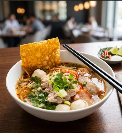 Spicy Thai boat noodle soup with herbs and crispy topping