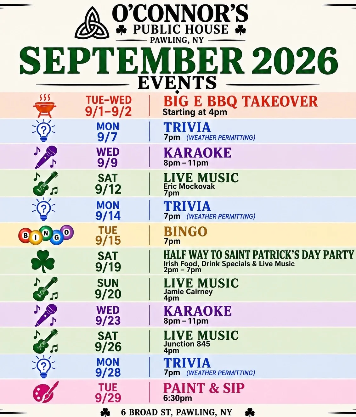 Event schedule for O'Connor's Public House in Pawling, NY for September 2026