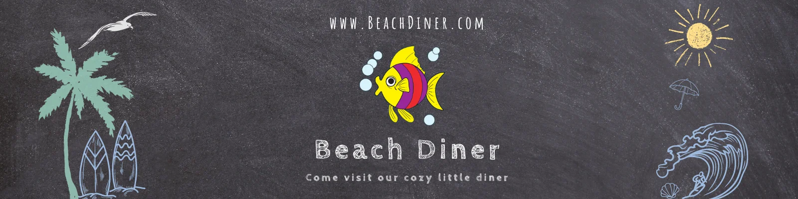 Colorful Beach Diner logo with tropical elements and playful fish design