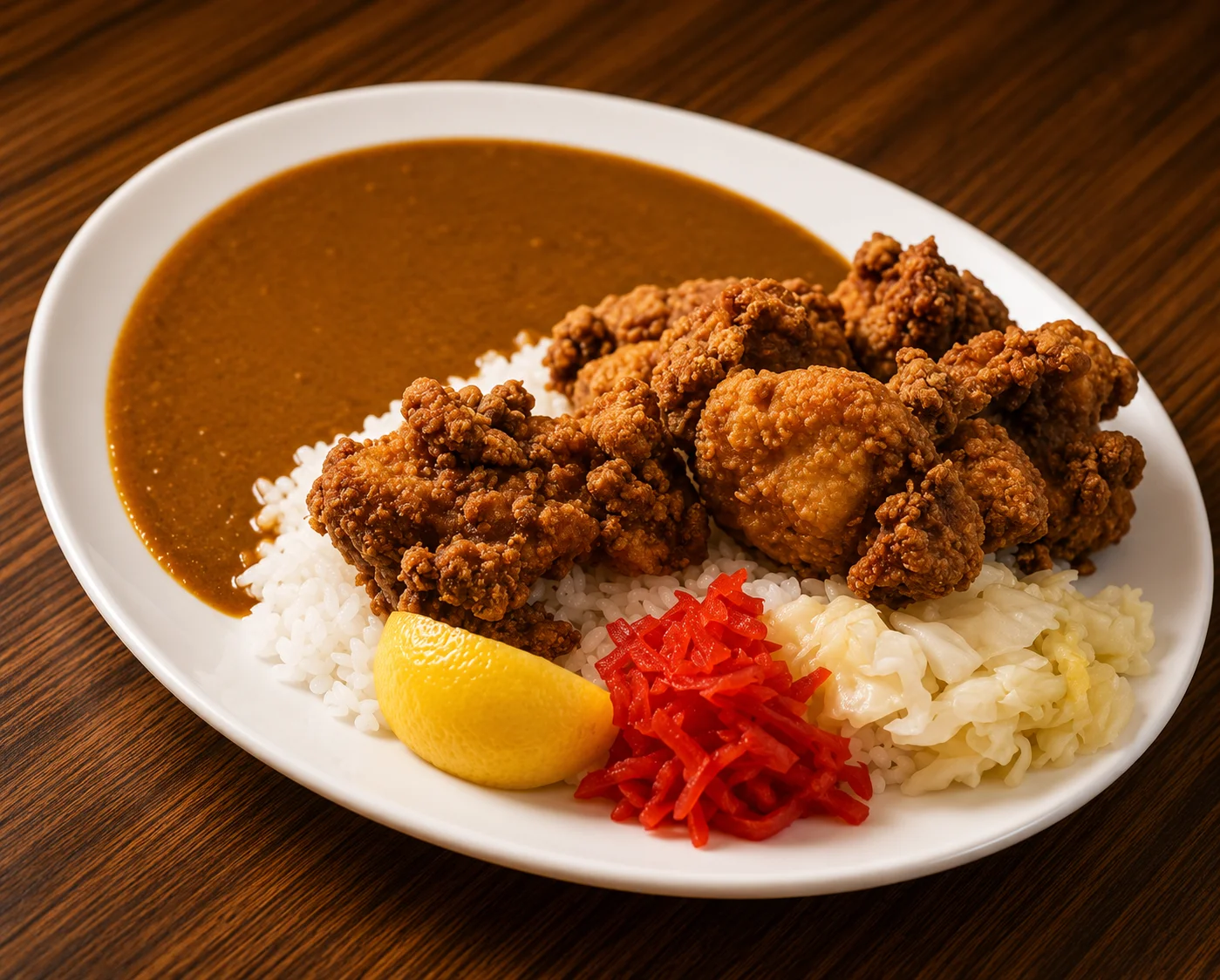 A plate of karaage curry with crispy Japanese fried chicken served over white rice, topped with Japanese curry sauce, pickled ginger, pickled cabbage, and a lemon wedge.