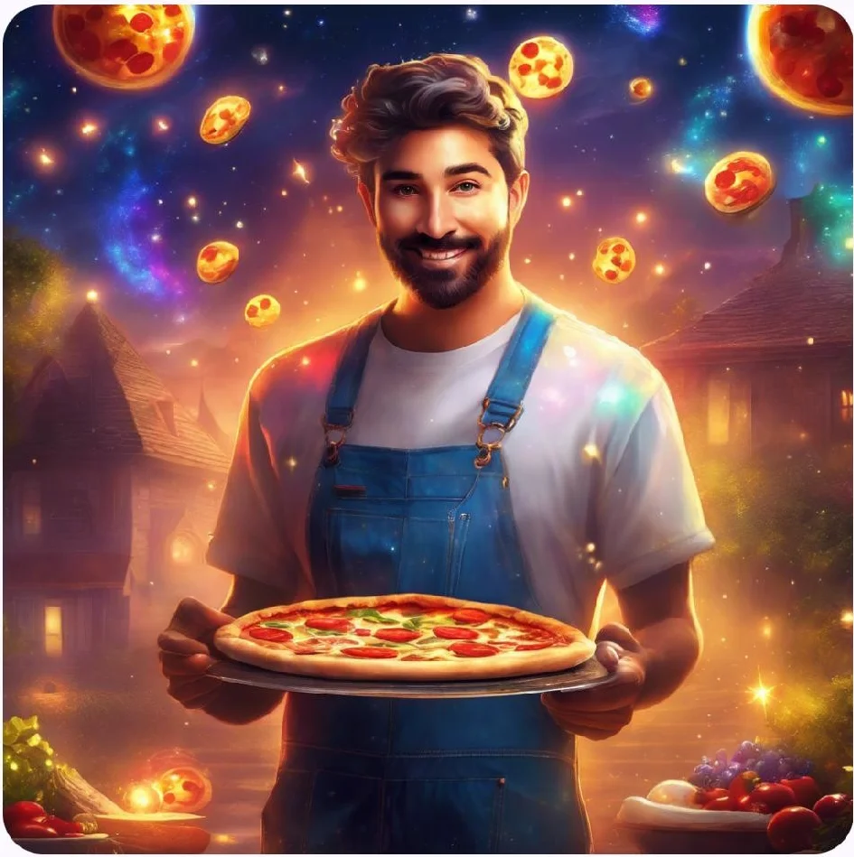 Smiling chef holding a Margherita pizza in a whimsical setting