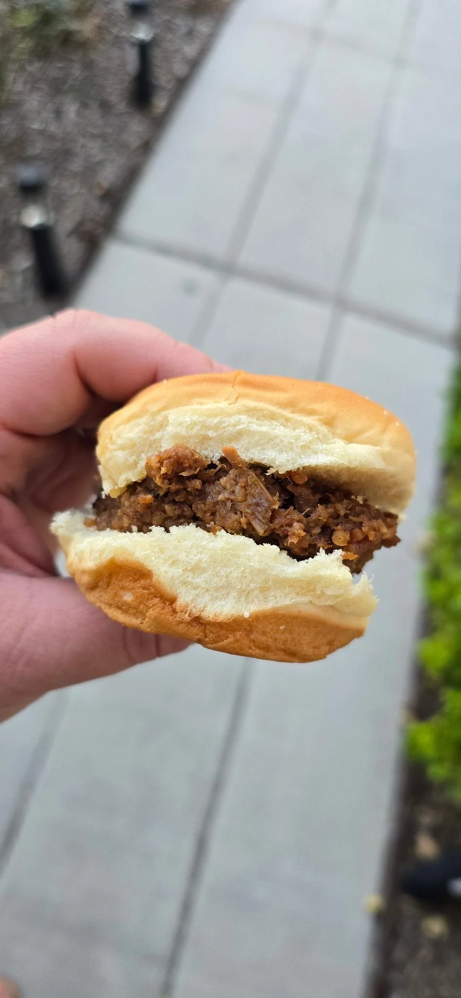 A close-up of a sandwich held in a person's hand, featuring a soft bun stuffed with a savory meat filling.
