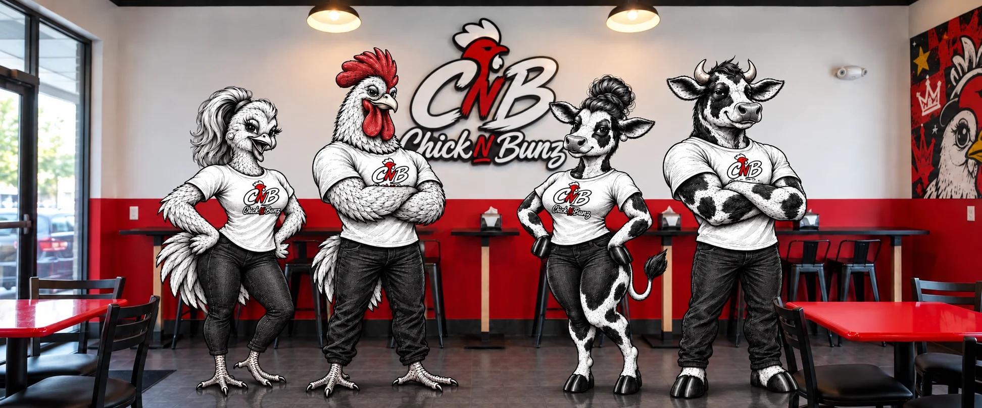Whimsical restaurant interior featuring cartoon animal mascots in branded attire