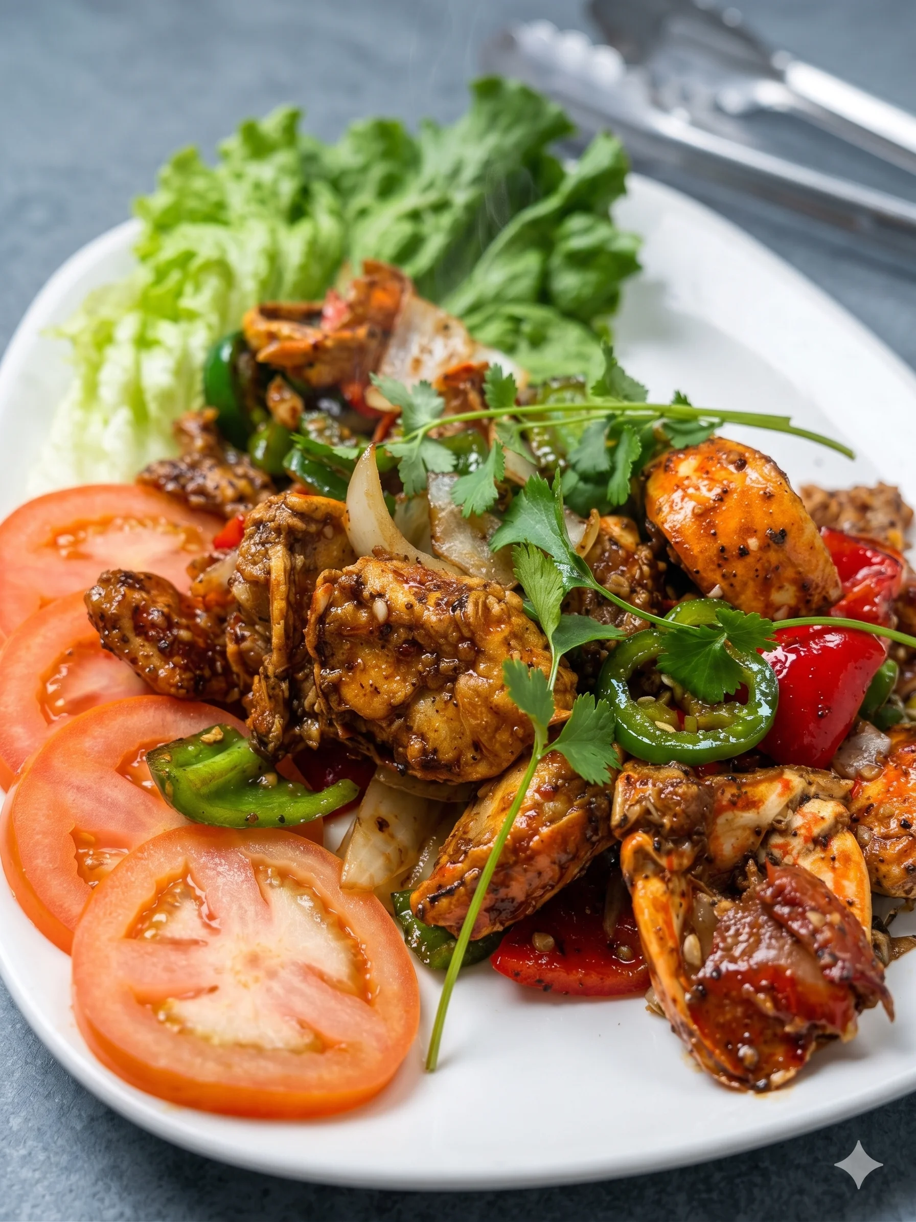 Stir-fried vegetables with shrimp and beef on a white plate.