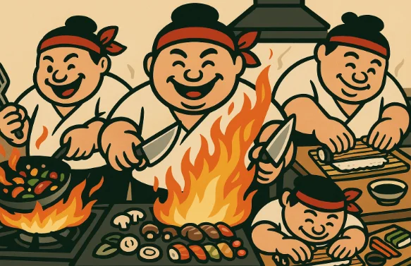 Chefs preparing sushi in a vibrant kitchen