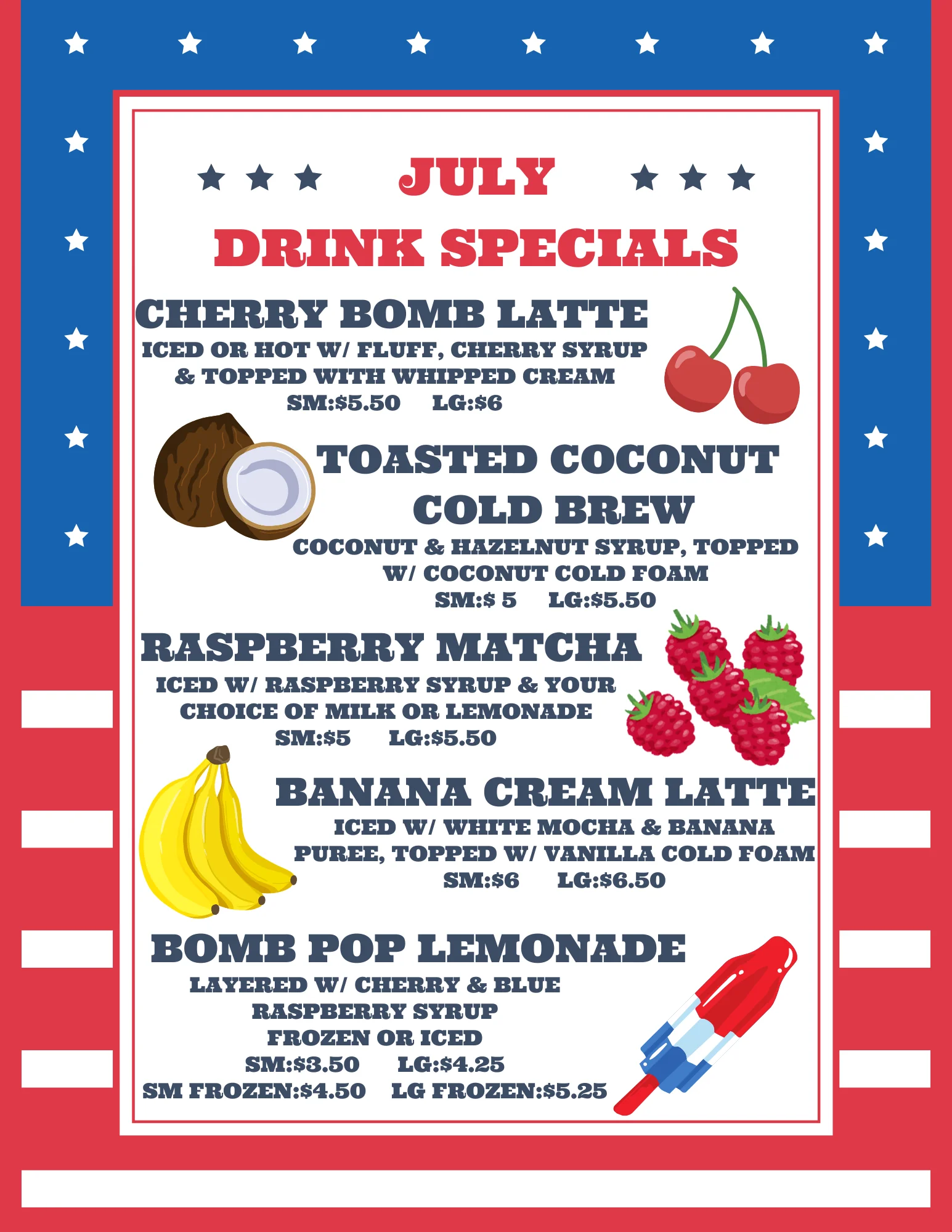 July drink specials menu featuring unique beverages