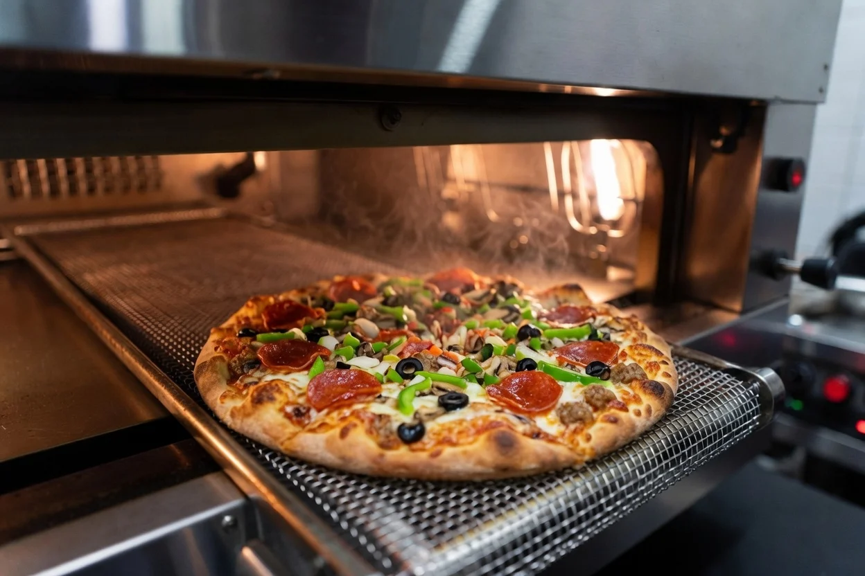 Pepperoni pizza baking in a commercial oven