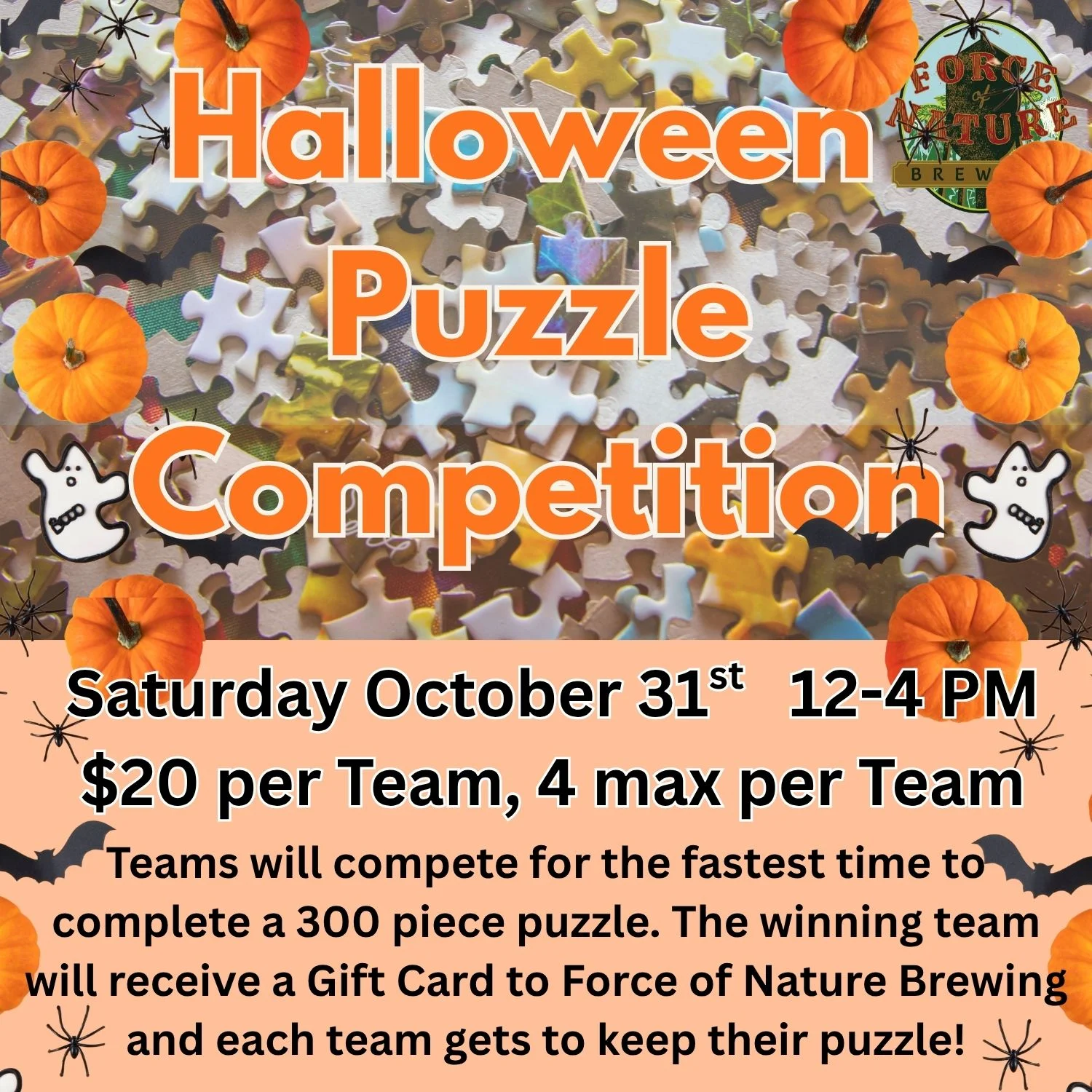 Halloween puzzle competition event flyer with pumpkins and jigsaw pieces