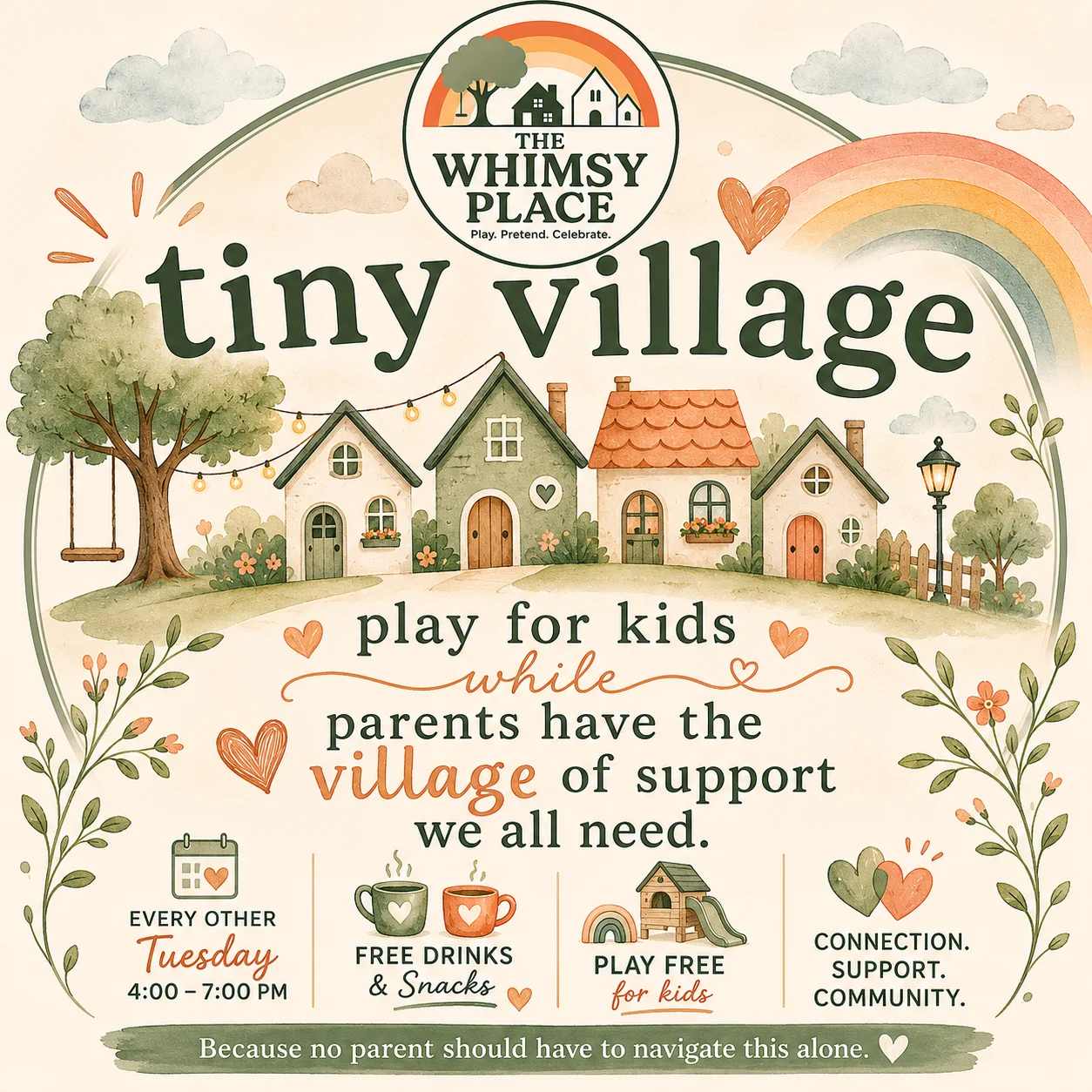 An inviting community event flyer promoting a family gathering where children can play while parents receive support. The design features colorful houses and trees, emphasizing a cheerful atmosphere.