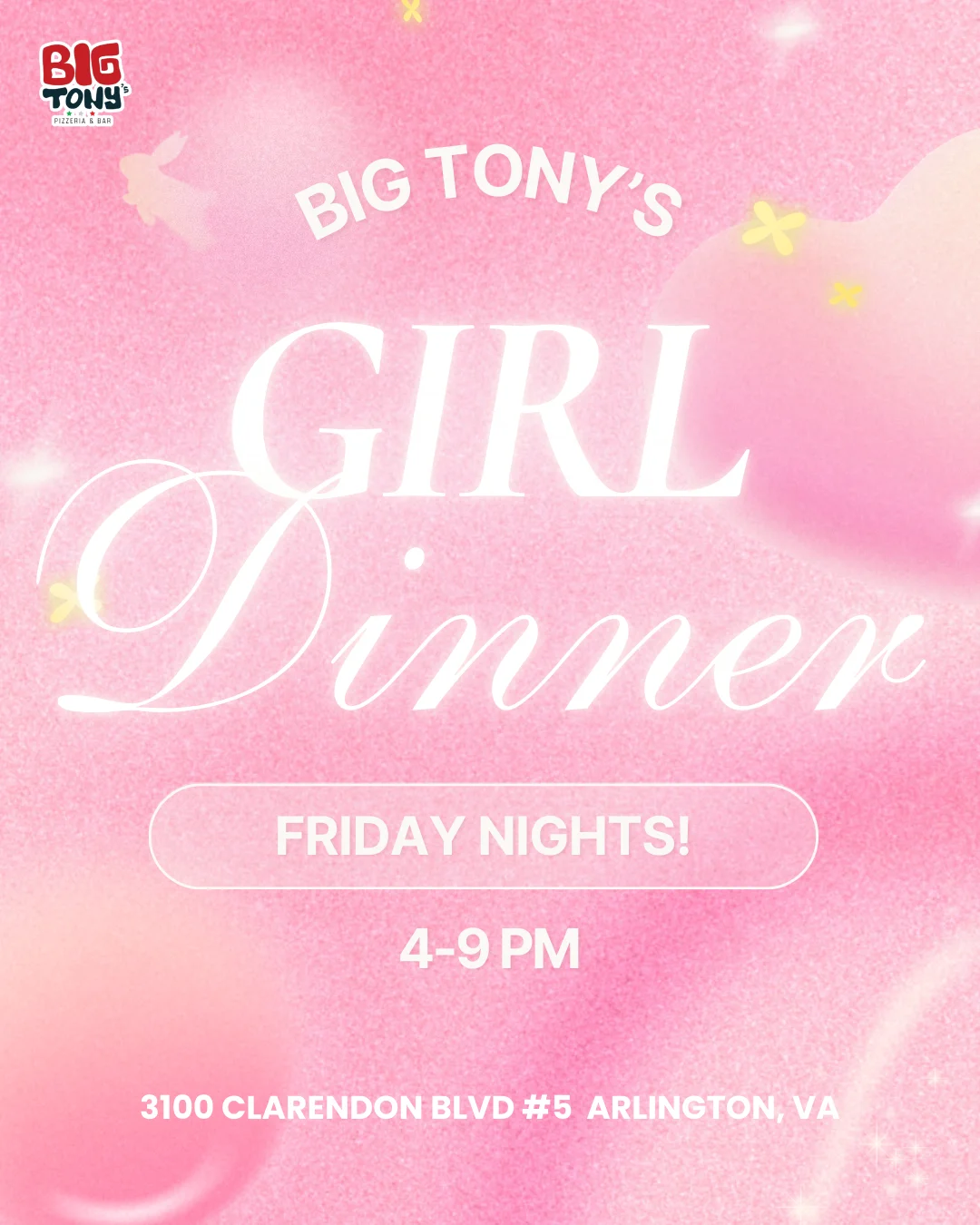 Promotional poster for Big Tony's Girl Dinner event in Arlington, VA