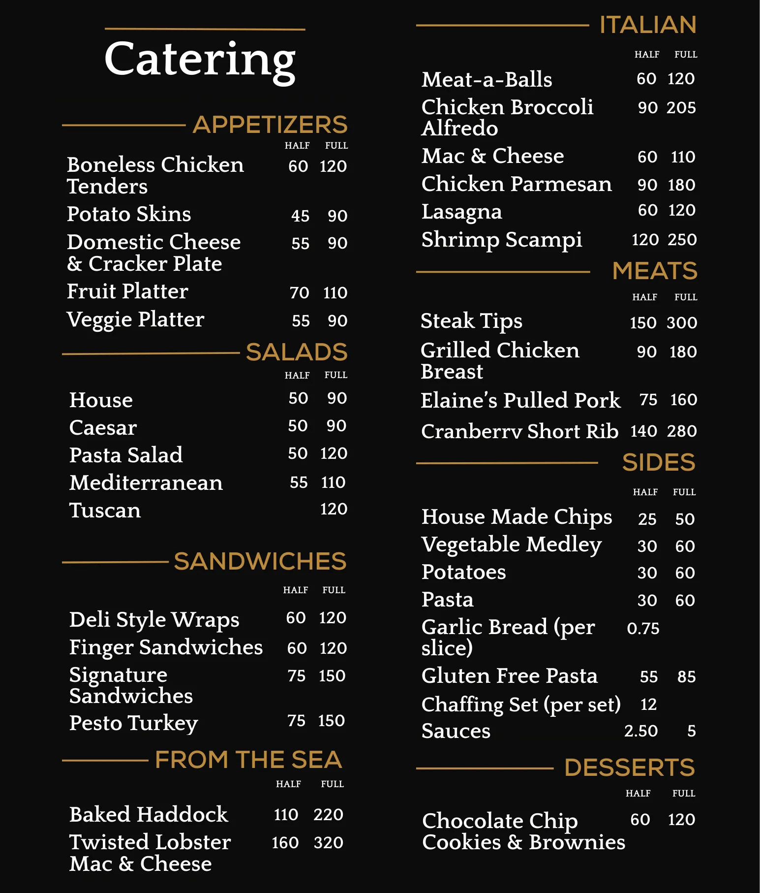 Catering menu featuring Italian and American dishes