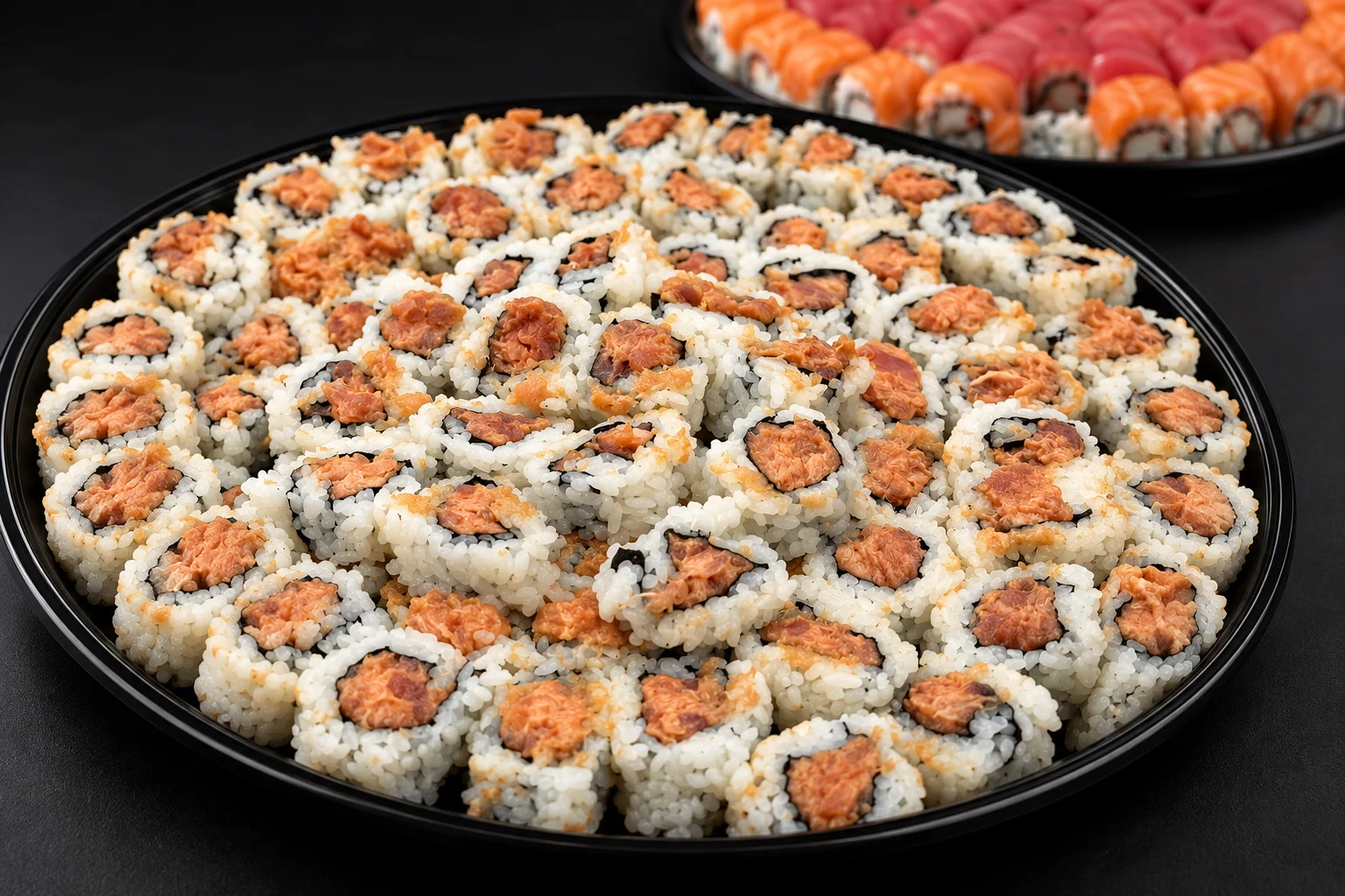 Platter of sushi rolls featuring spicy tuna and salmon varieties