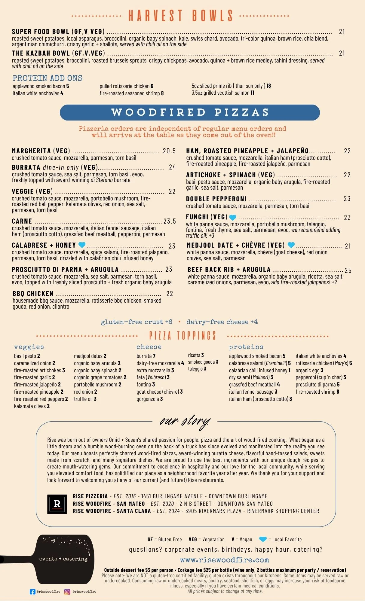 Menu featuring sandwiches and woodfired pizzas with prices and descriptions.