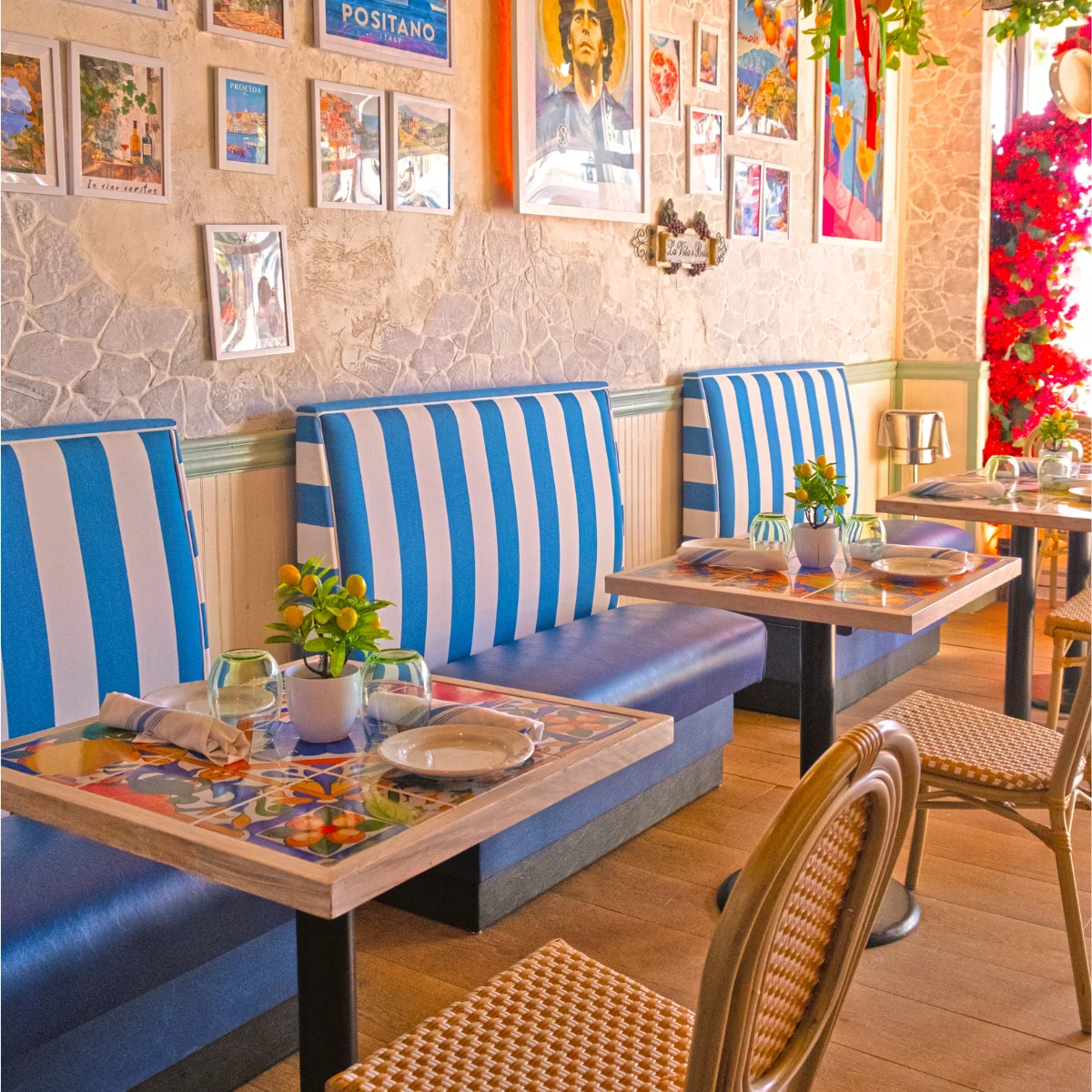 Charming restaurant interior with blue striped seating