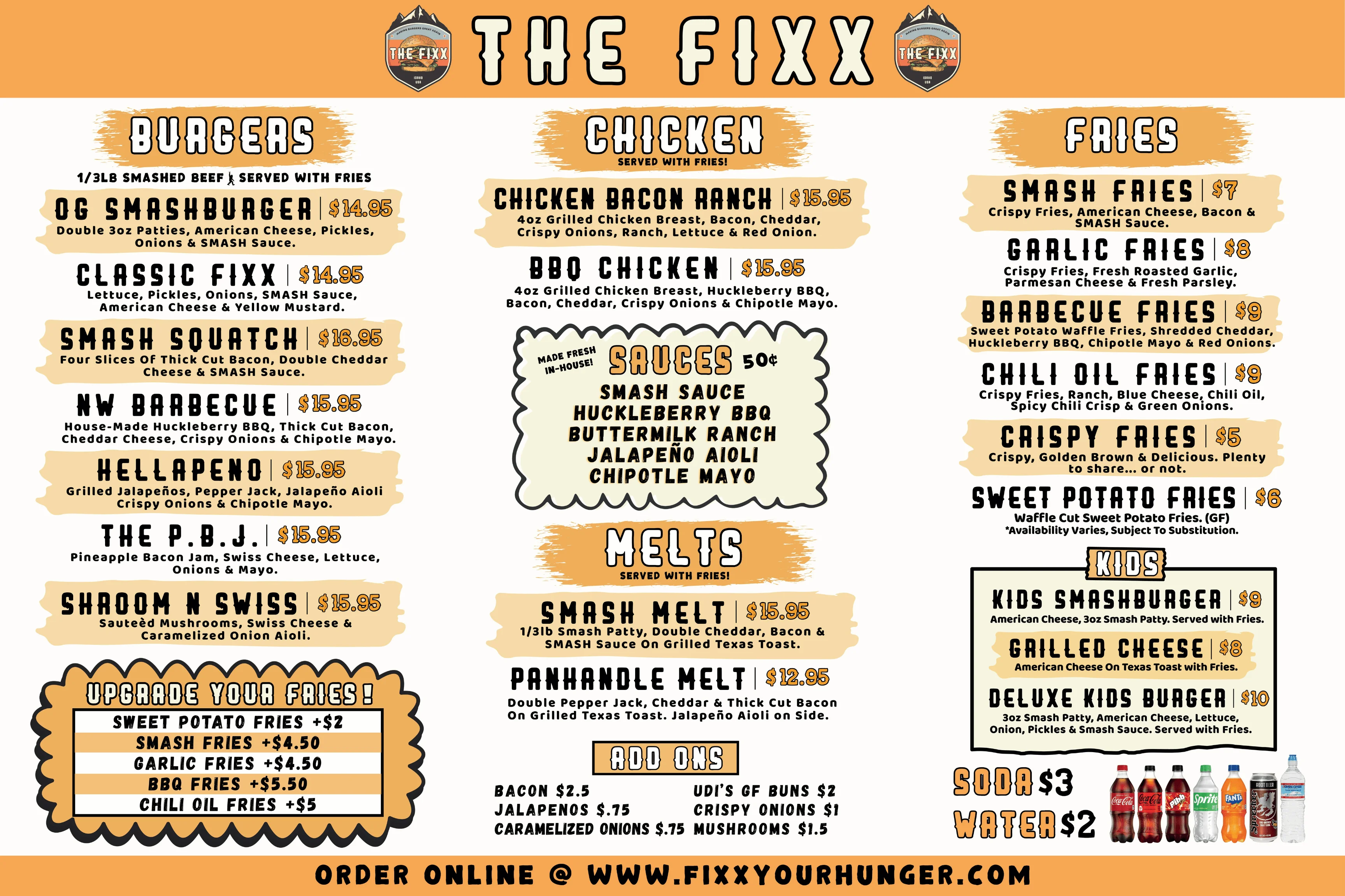 Menu layout featuring various dishes and drinks at Fixx restaurant.