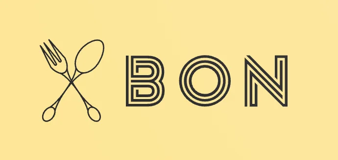 A simple logo featuring a fork and spoon crossed, with the word 'BON' in a modern font.