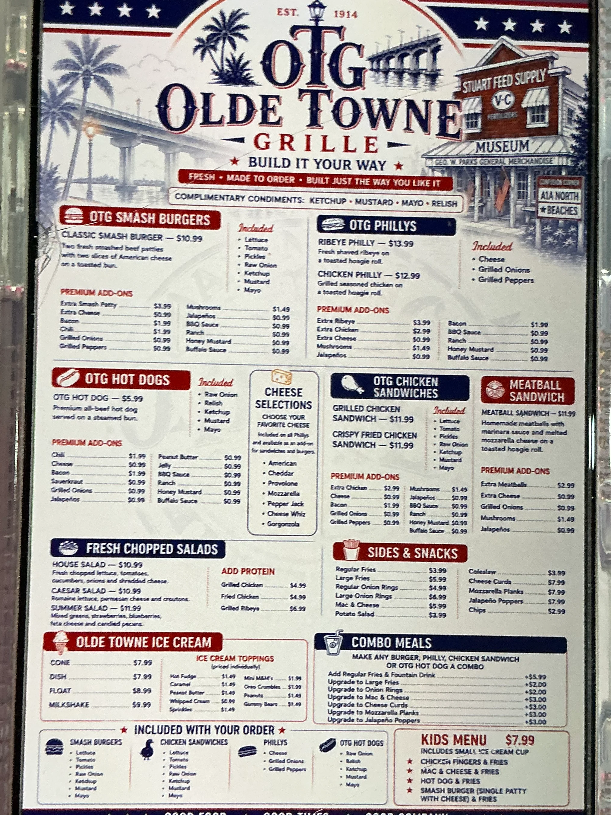 Menu display for a casual American grill featuring burgers and sandwiches