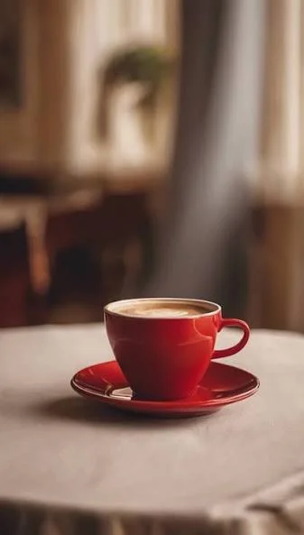 Red coffee cup on a saucer with warm lighting