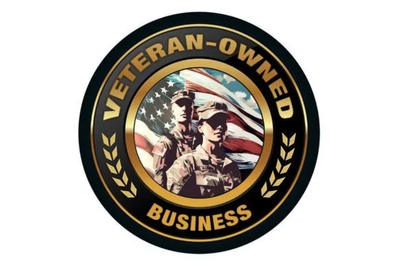 Veteran-owned business emblem with American flag background