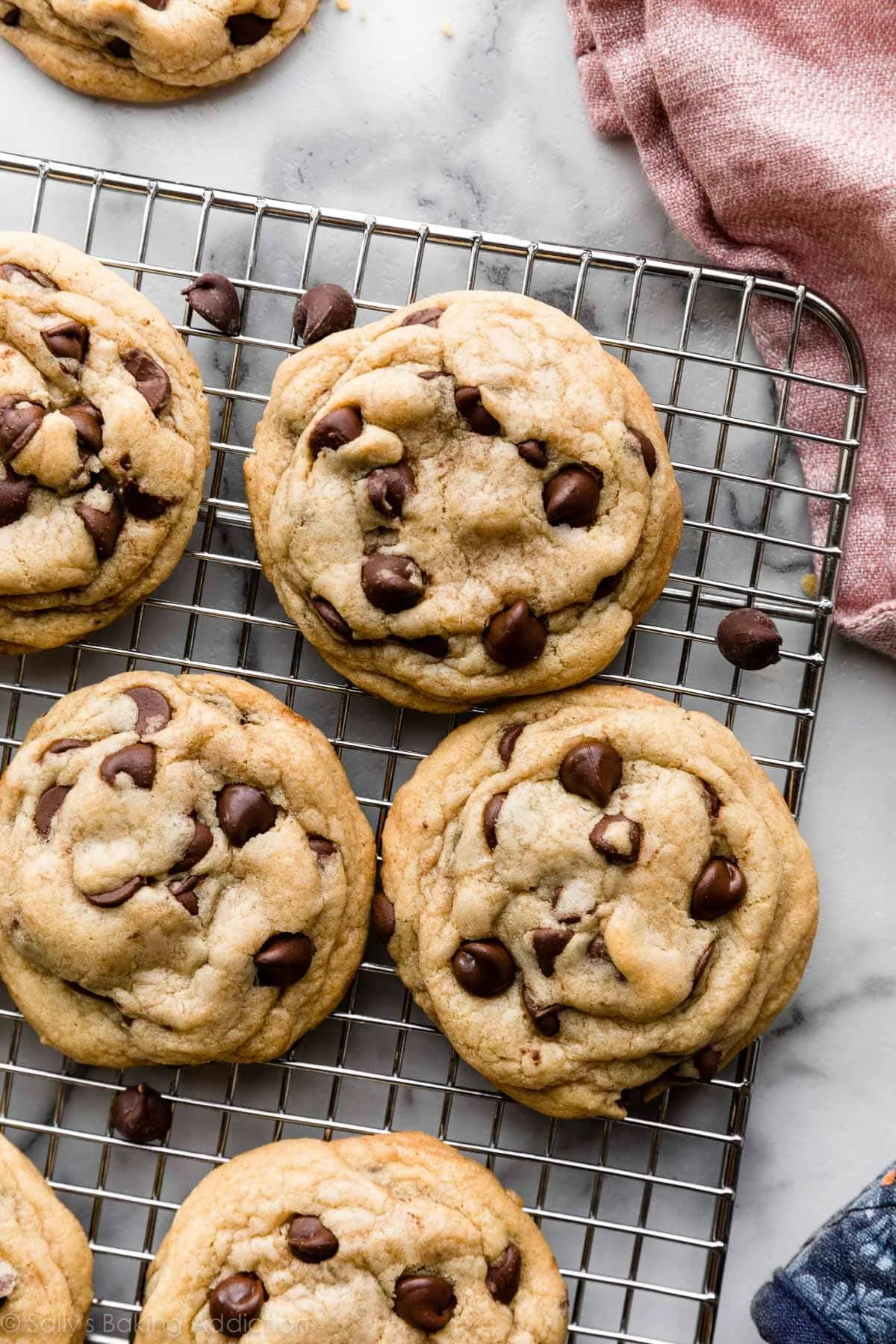 Freshly baked chocolate chip cookies on a cooling rack