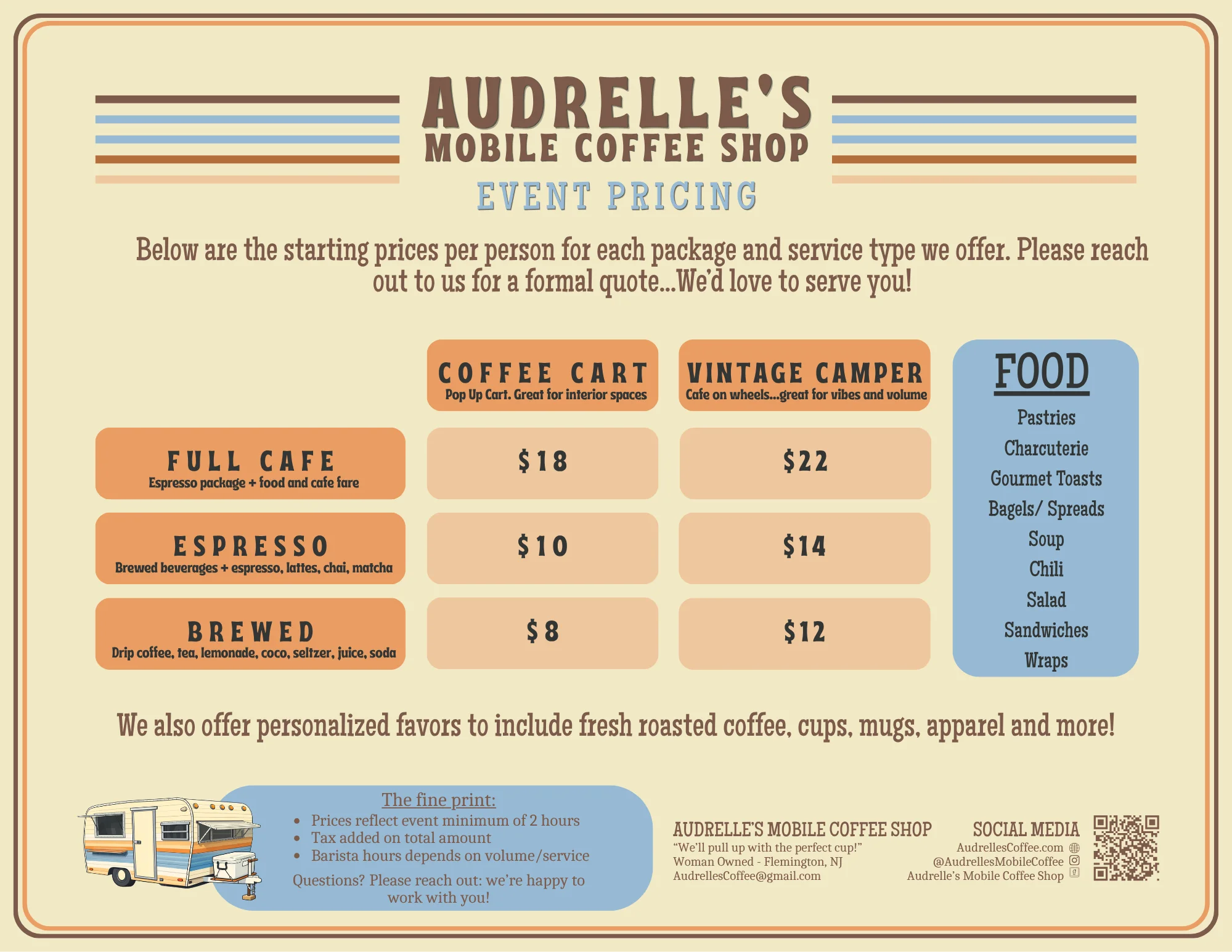 Event pricing for mobile coffee shop services and packages