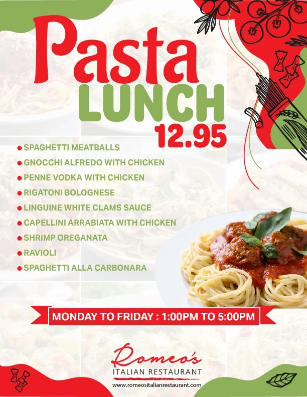 Italian pasta lunch special featuring spaghetti meatballs