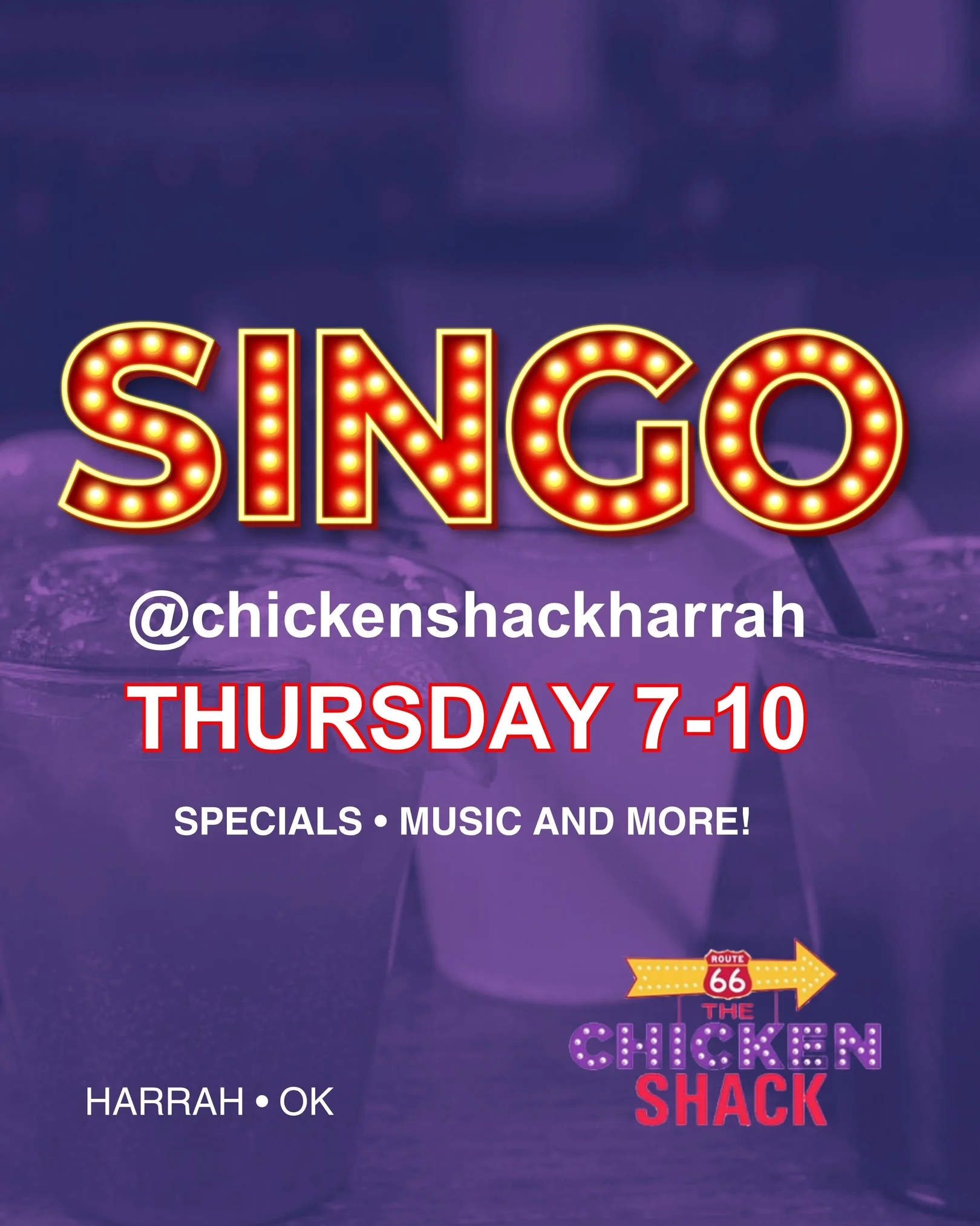 Singo event announcement at The Chicken Shack in Harrah, OK