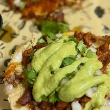 Delicious Mexican taco topped with guacamole and cilantro
