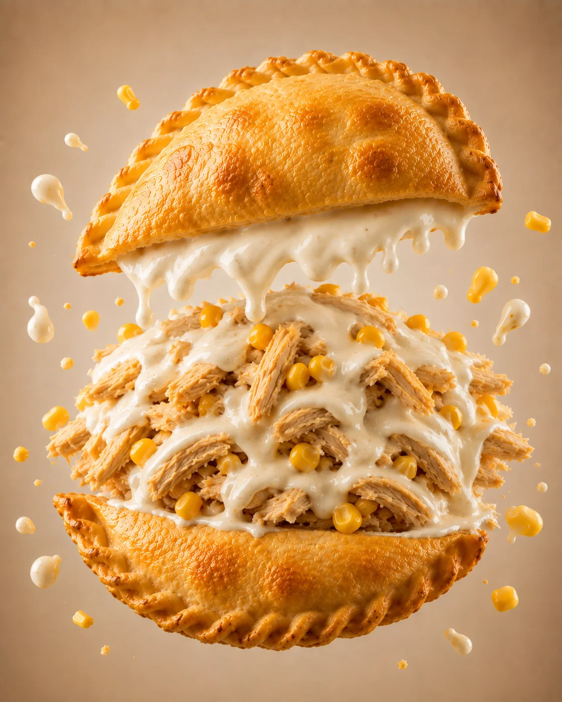 A savory empanada bursting with shredded chicken, corn, and a creamy sauce, captured mid-air.