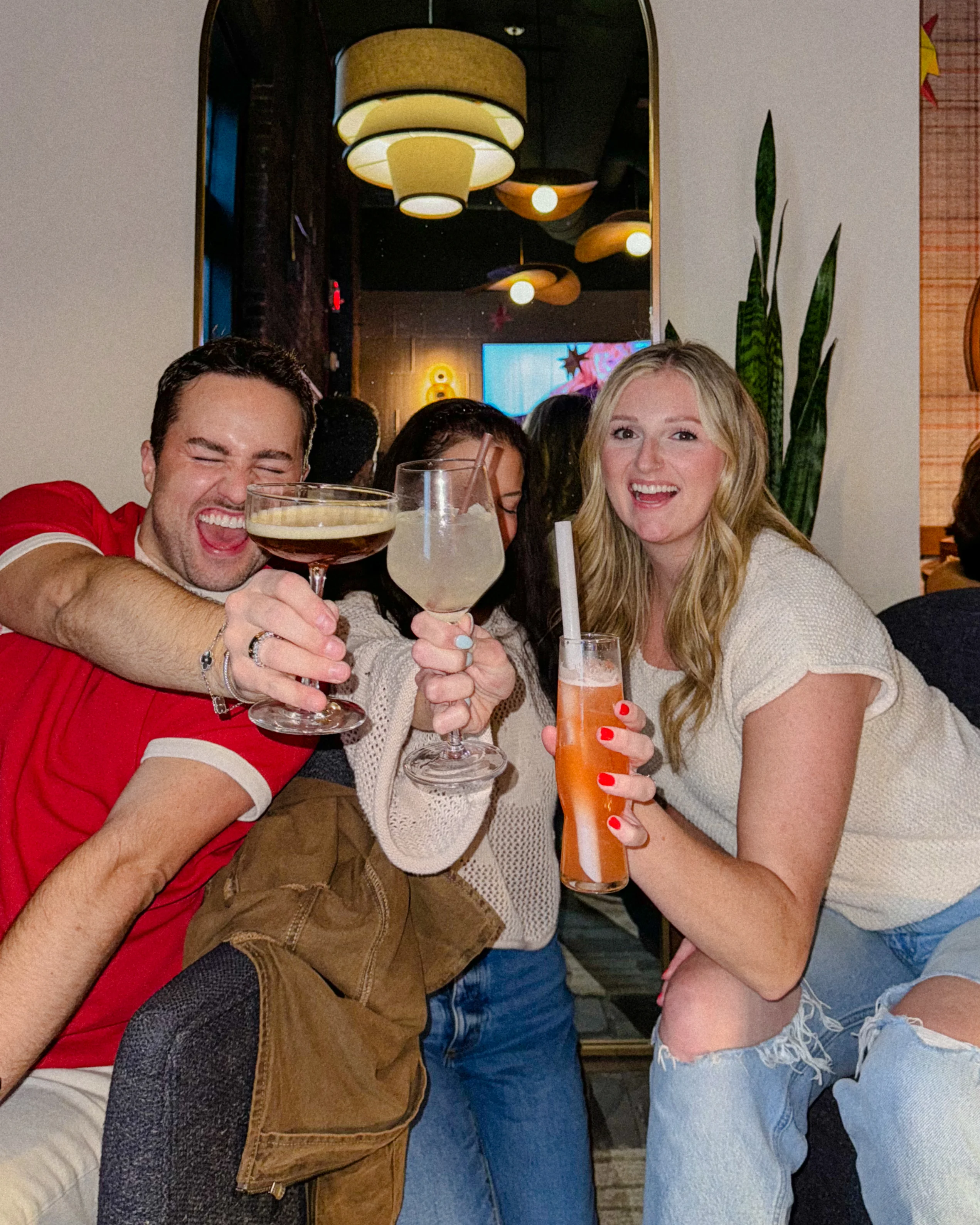 Group of friends toasting with drinks in a lively restaurant setting.