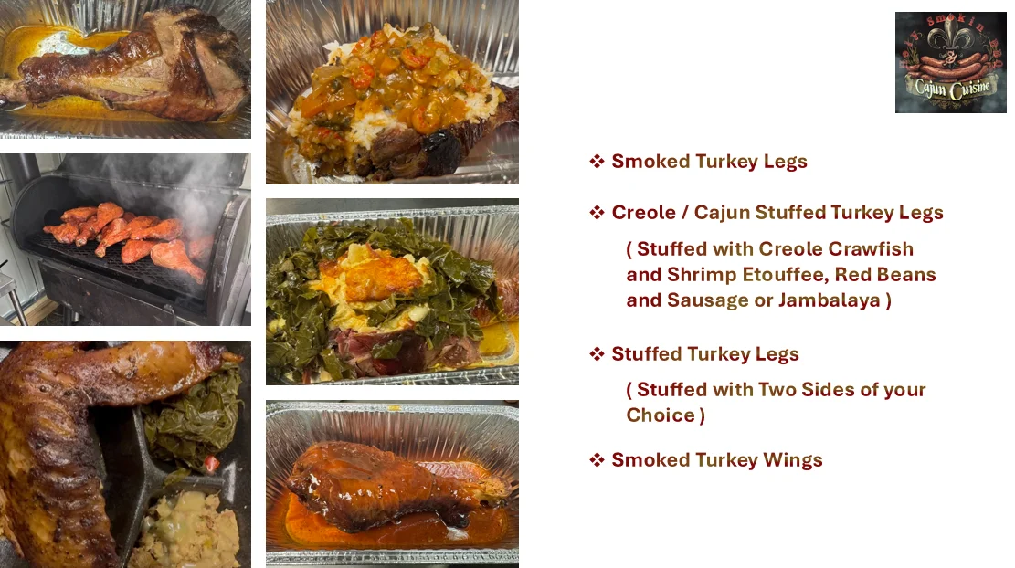 Delicious smoked turkey leg served on a wooden platter with sides.