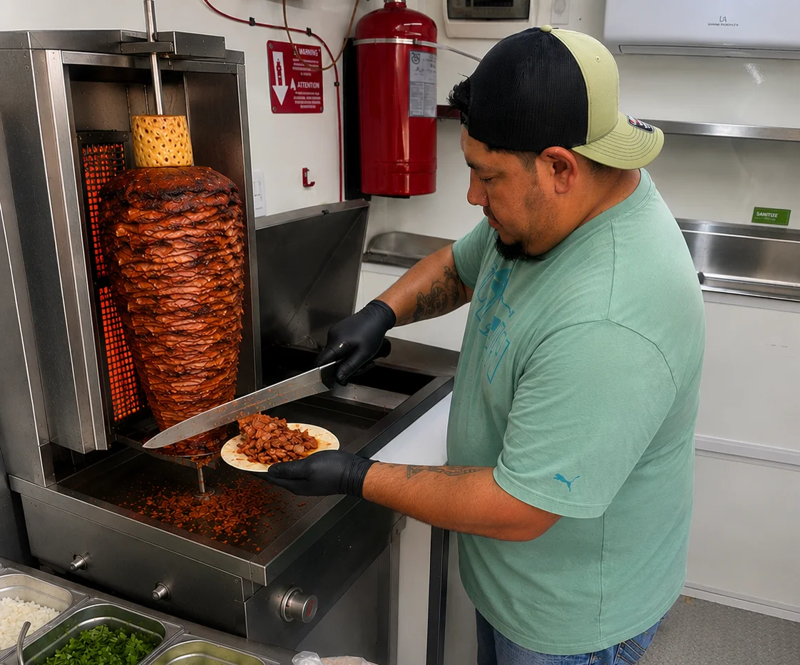 Tacos al pastor being prepared in a food truck