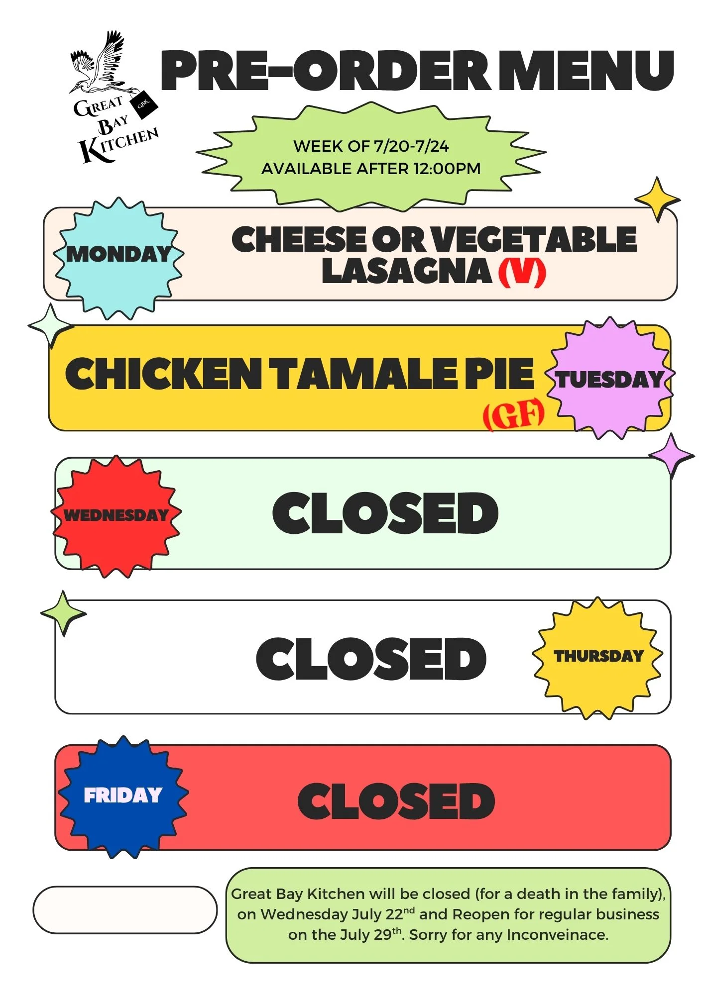 Weekly pre-order menu featuring diverse dishes