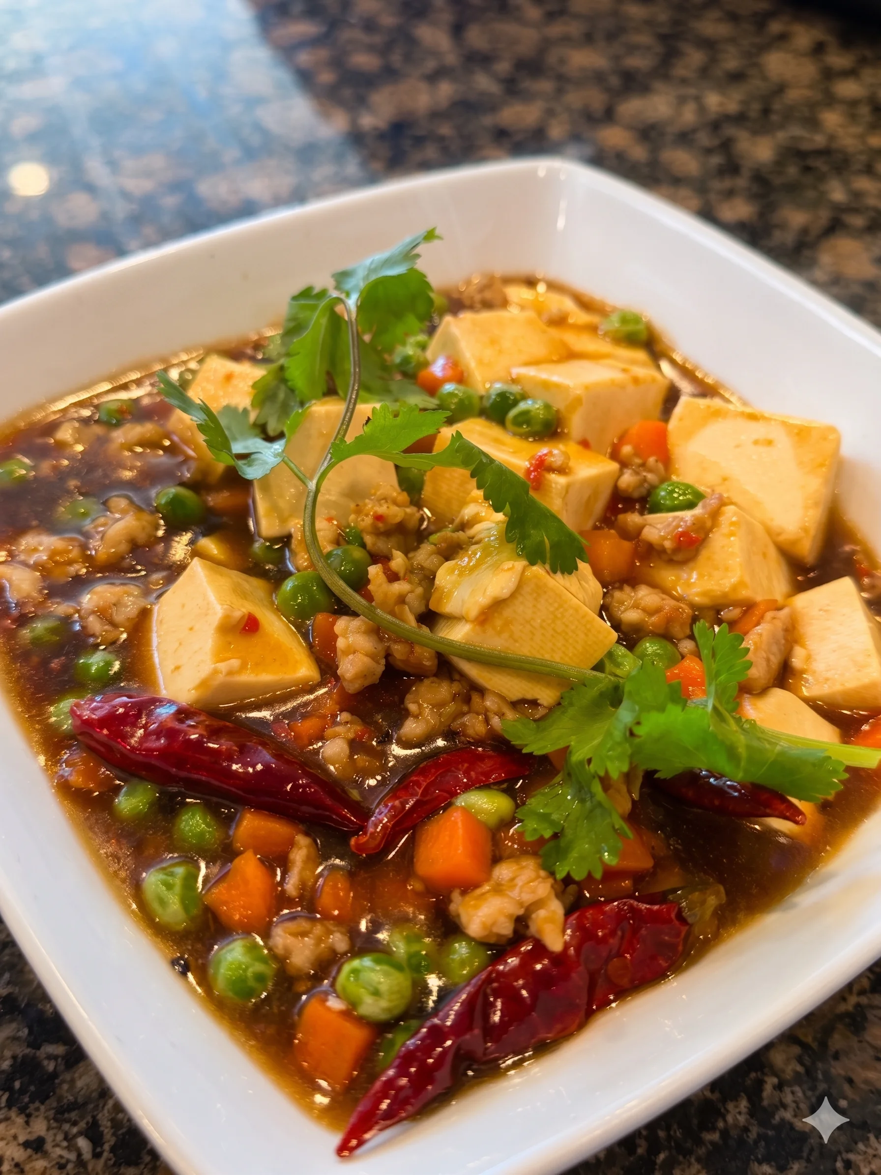 A bowl of tofu stir-fry with vegetables and herbs.