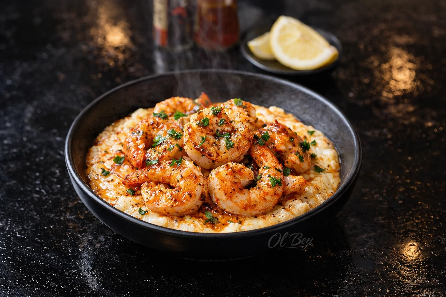 A bowl of shrimp served over creamy grits, garnished with parsley and spices, accompanied by lemon wedges.