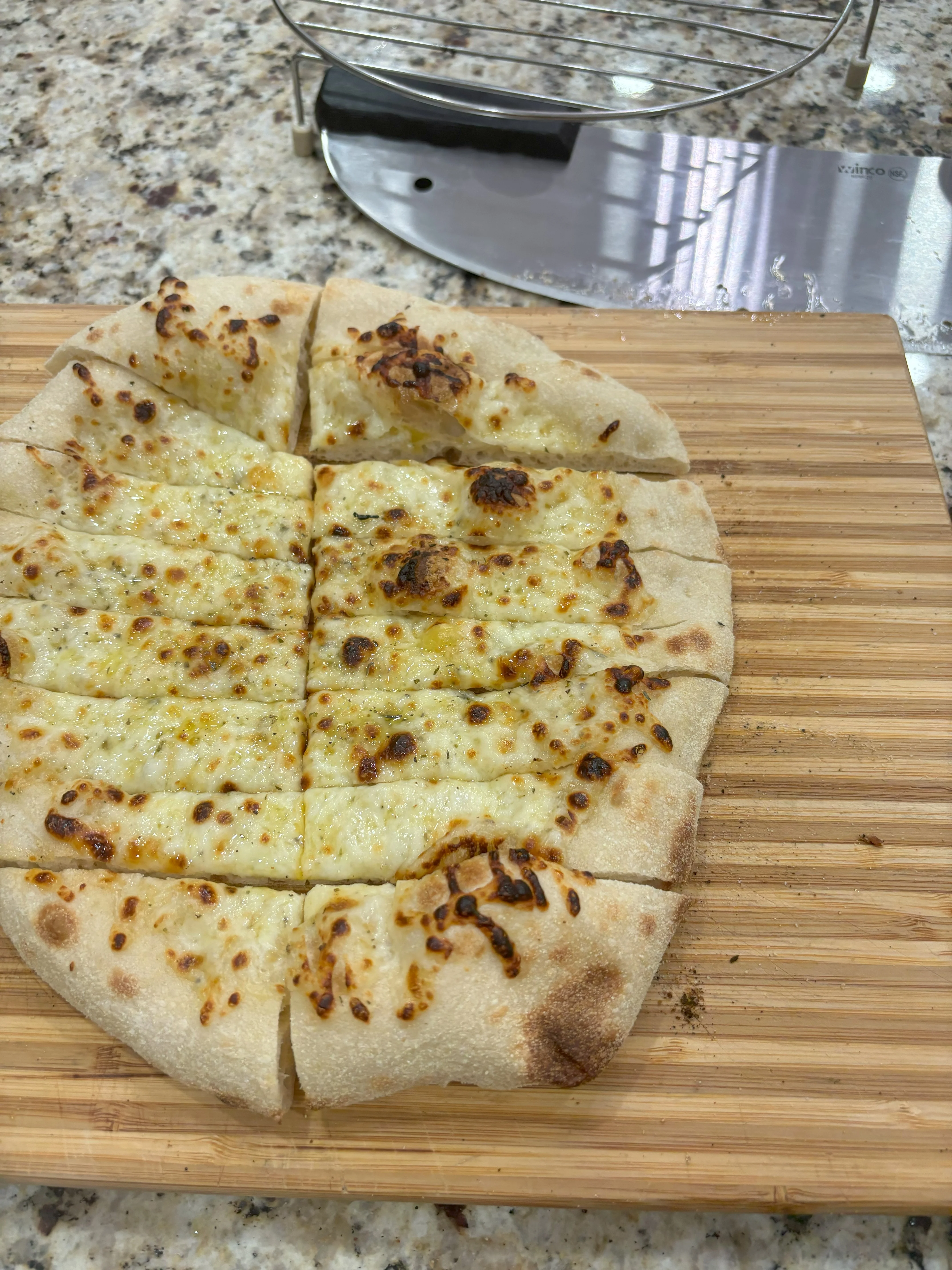 Cheesy garlic bread fresh from the oven