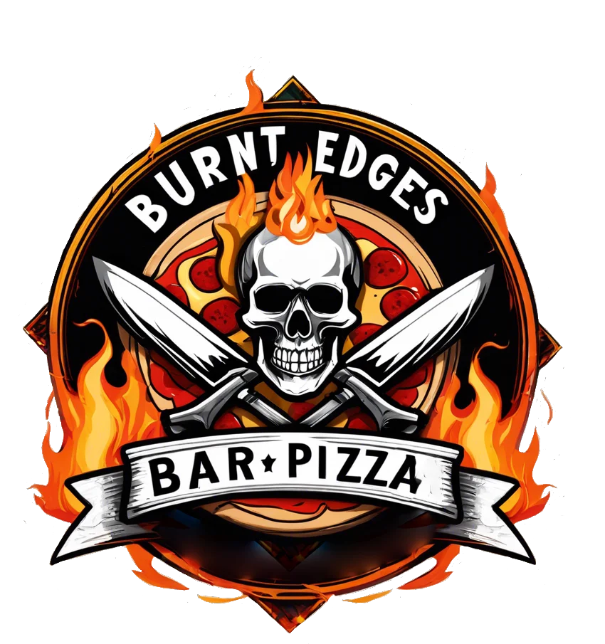 Logo of Burnt Edges Bar Pizza featuring a skull and flames