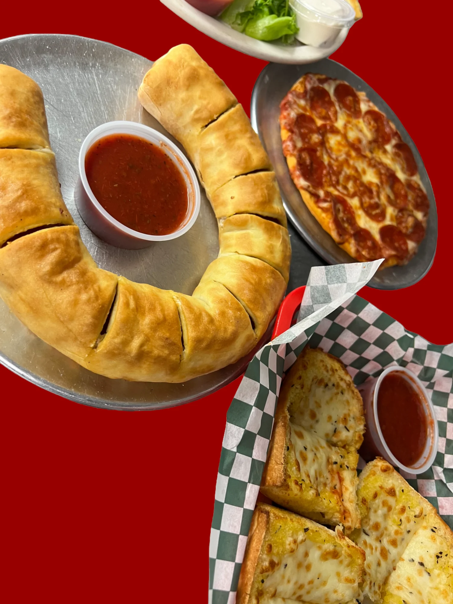 Cheesy garlic bread and pepperoni pizza with marinara sauce
