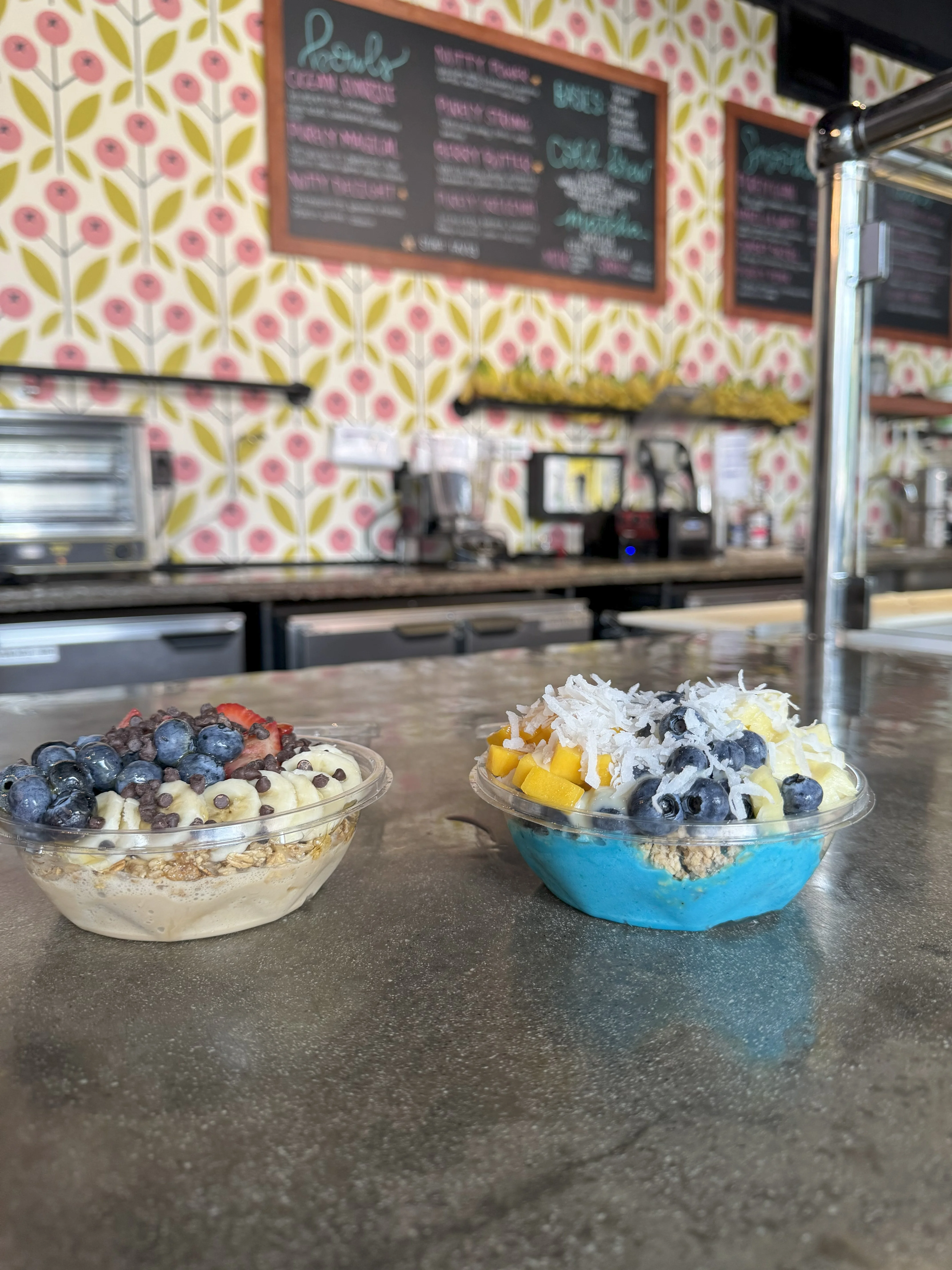 Colorful smoothie bowls in a vibrant café setting