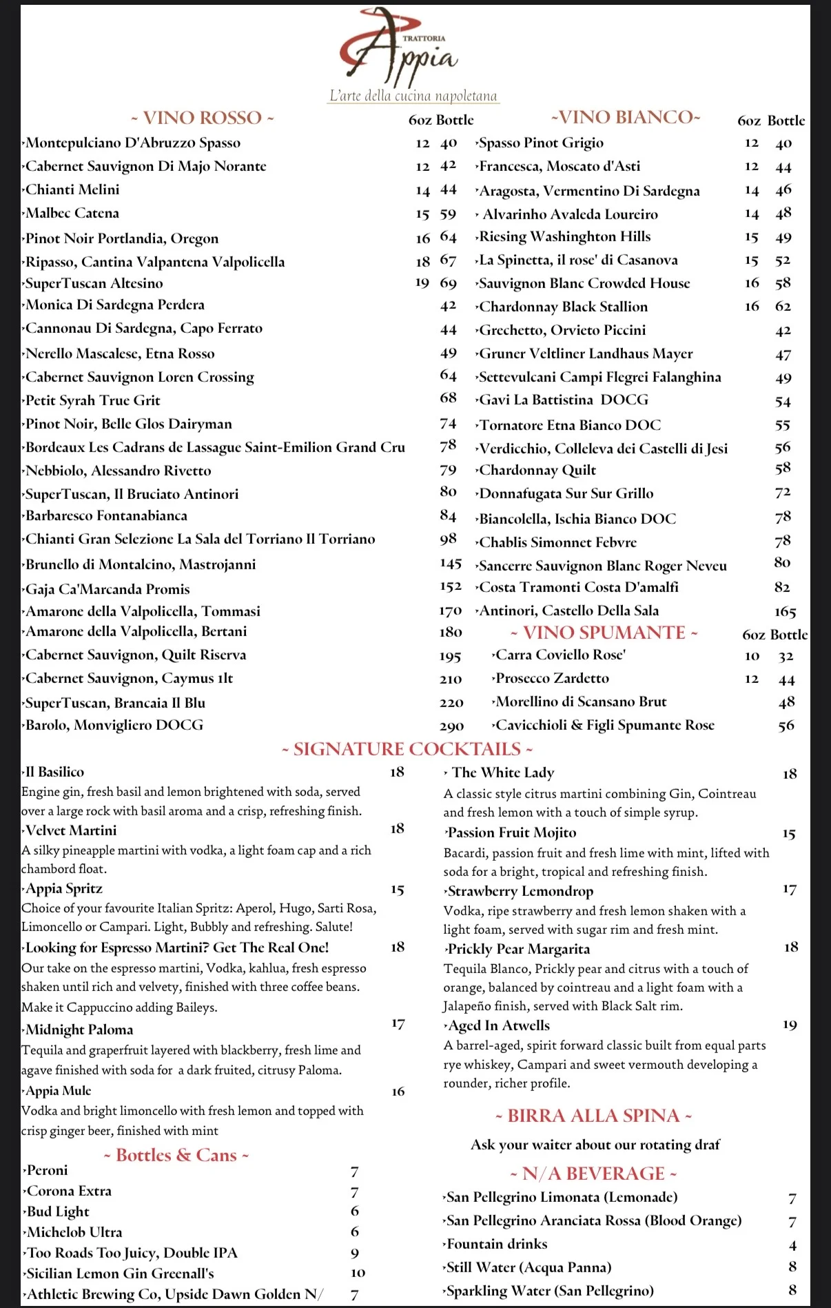 Italian wine and cocktail menu at a trattoria
