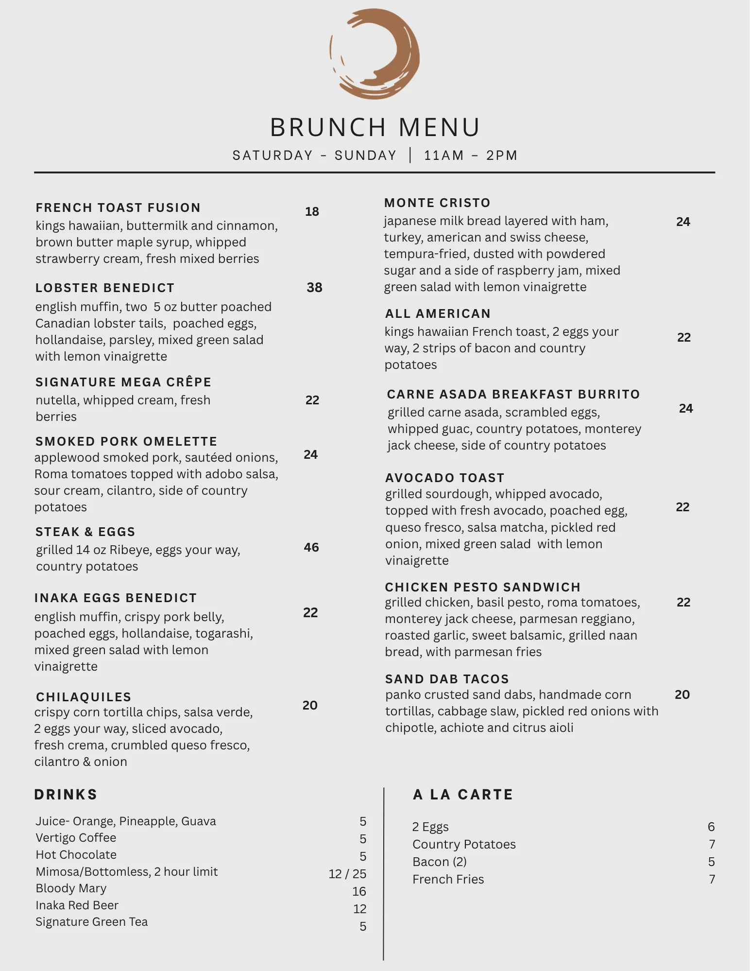Brunch menu featuring diverse dishes from various cuisines