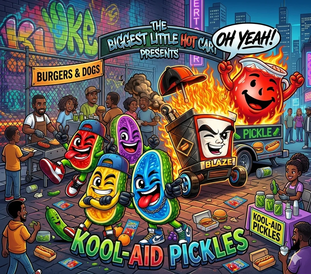 A vibrant illustration of a food truck scene featuring animated characters representing drinks and pickles, surrounded by people enjoying food in an urban setting.