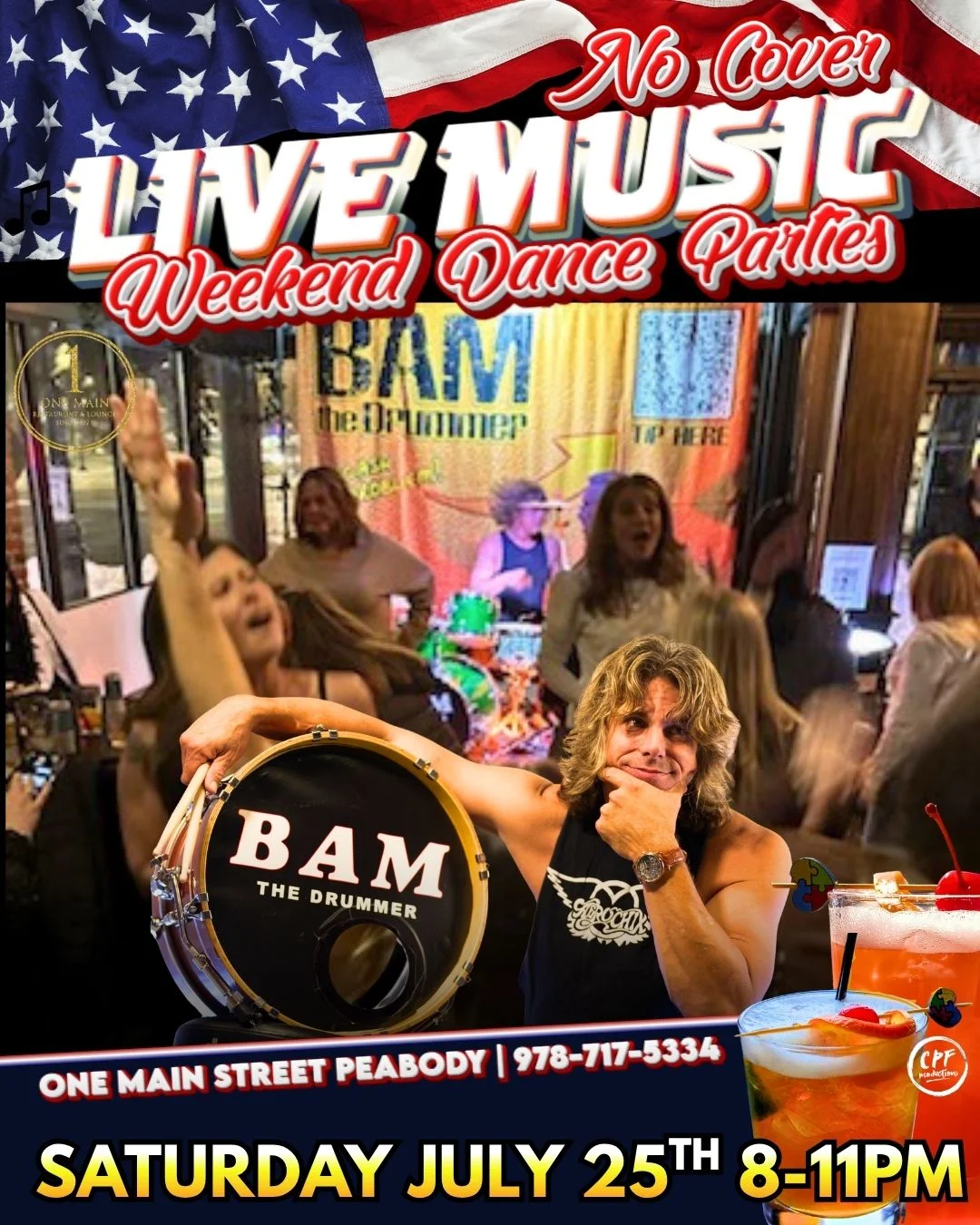Live music event poster for weekend dance party at One Main