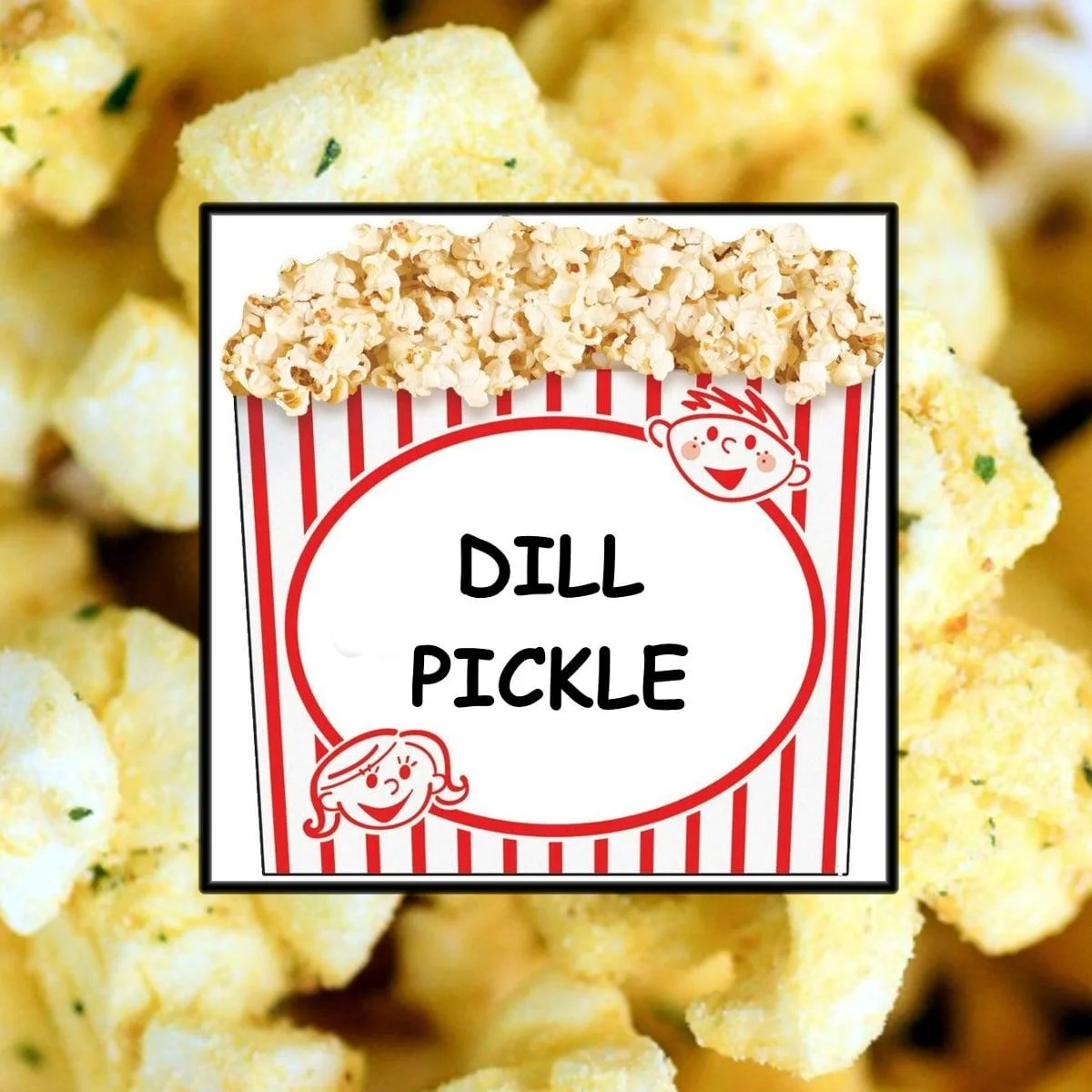 A red and white striped popcorn box labeled 'DILL PICKLE' filled with popcorn and surrounded by popcorn kernels.