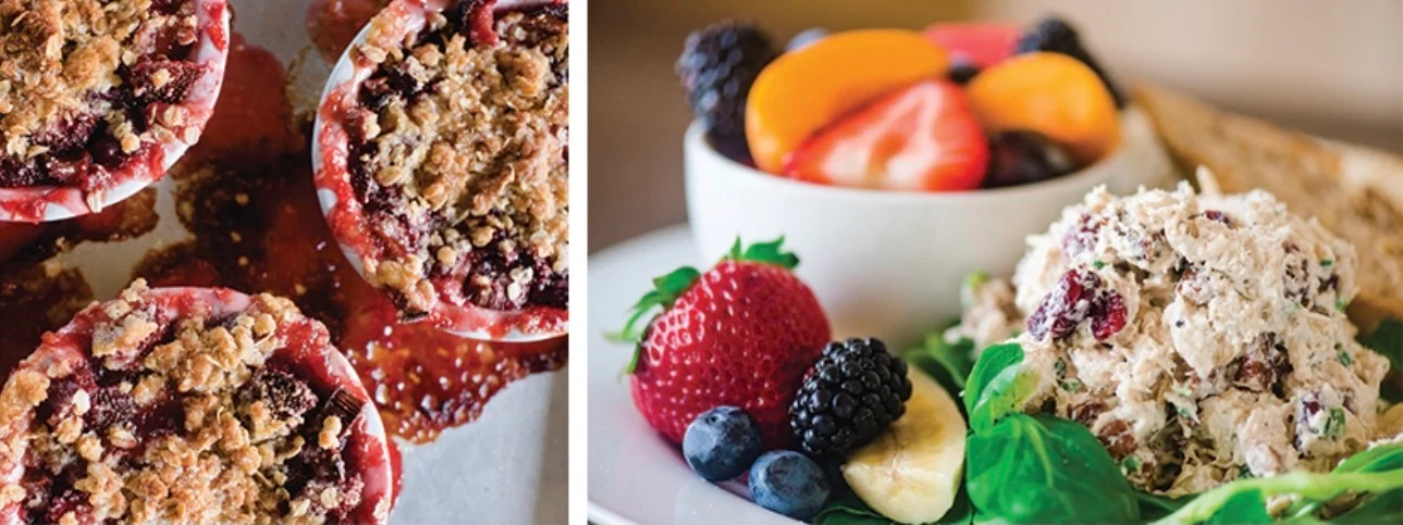Delicious berry crumble dessert with a side of fresh fruit salad